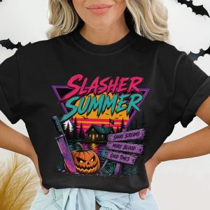 Slasher Summer Retro Horror T-Shirt, Neon Goth 80s 90s Aesthetic Halloween Graphic Tee, Spooky Season Synthwave Camp Slasher Shirt Gift