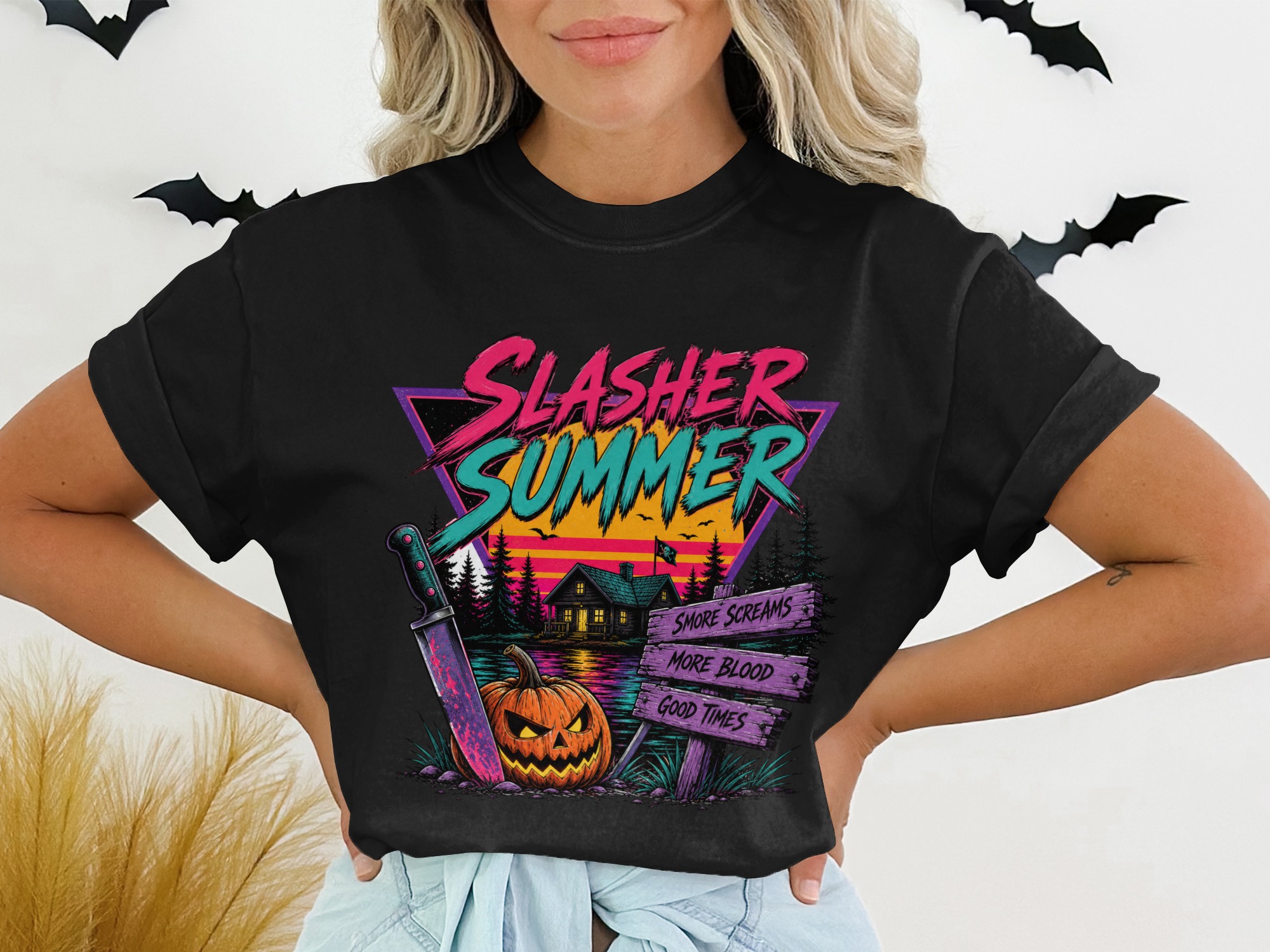 Slasher Summer Retro Horror T-Shirt, Neon Goth 80s 90s Aesthetic Halloween Graphic Tee, Spooky Season Synthwave Camp Slasher Shirt Gift