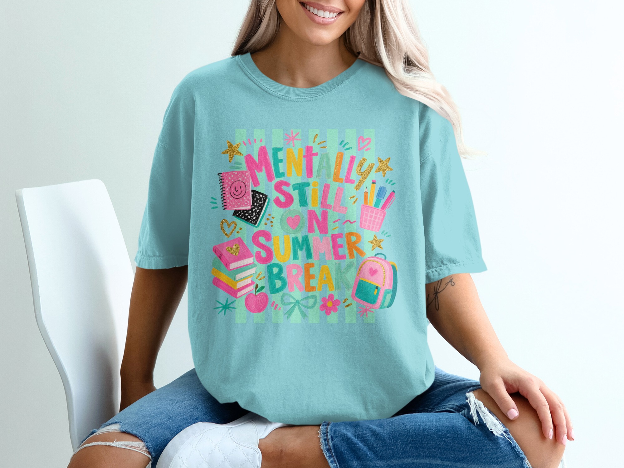 Mentally Still On Summer Break T-Shirt | Funny Teacher Student Gifts | Back to School Vacation Vibe Tee - Image 8