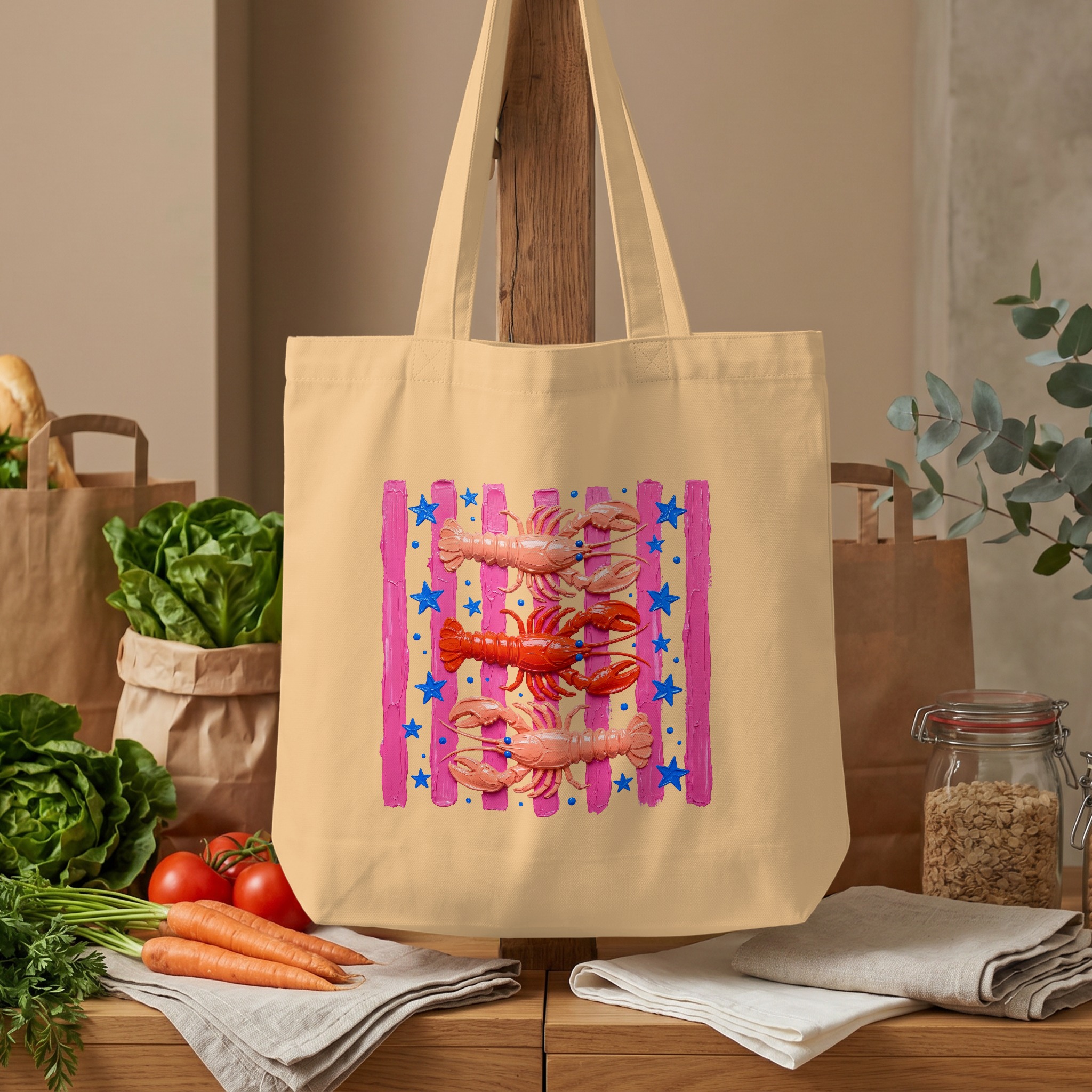 Lobster Tote Bag | Cute Pink Coastal Beach Summer Bag | Artistic Ocean Market Carryall with Star & Stripe Print - Image 4
