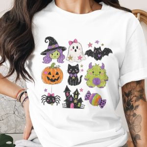 Comfort Colors ® Kawaii Halloween Tee, Cozy Spooky Cute Graphic T-Shirt, Witch Ghost Pumpkin Bat Cat Monster Spider House Candy Design