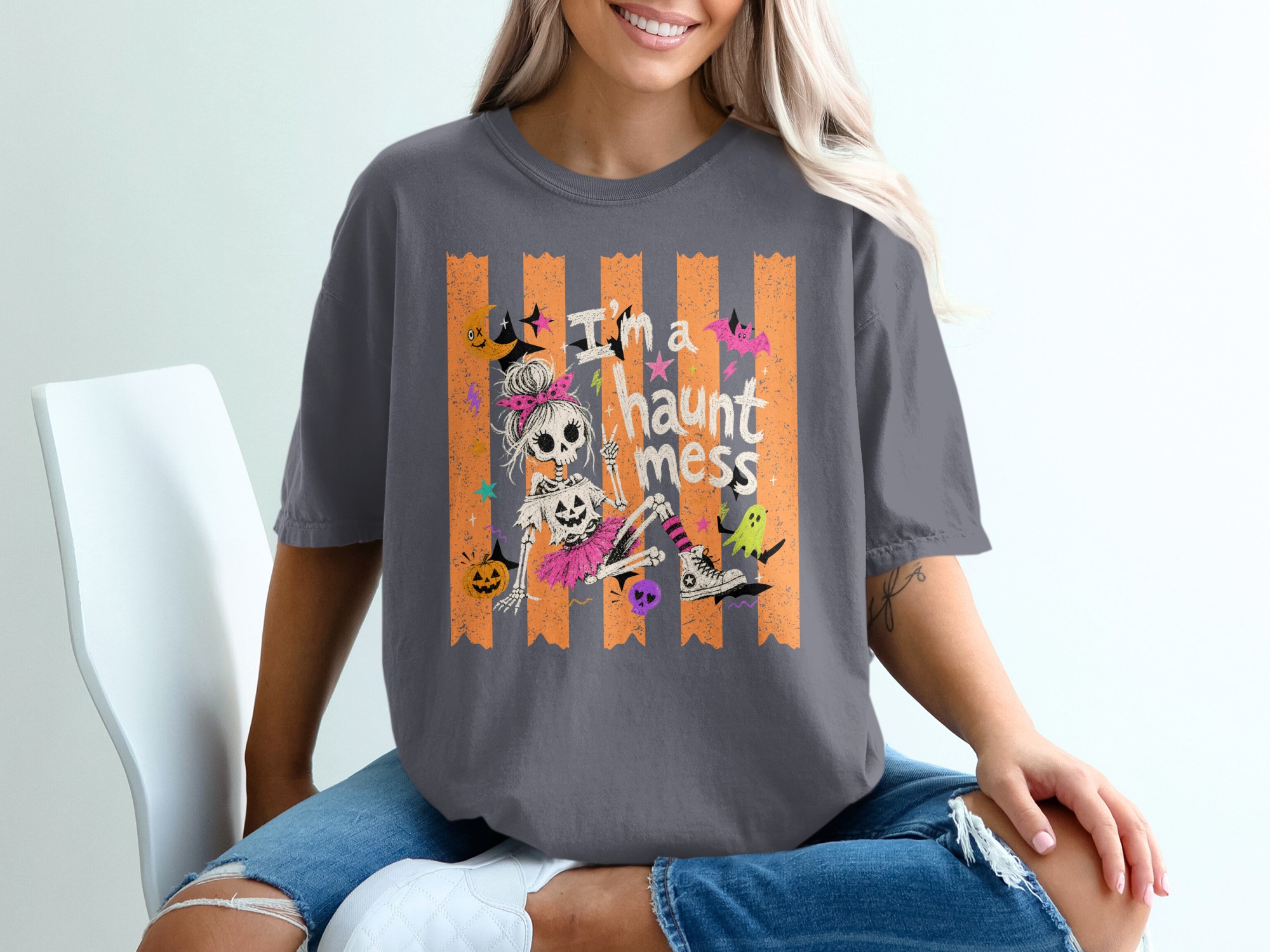 Spooky Cute Haunt Mess Skeleton Girl T-Shirt, Kawaii Pastel Goth Halloween Tee, Fun Y2K Fall Season Shirt for Women & Teens - Image 5