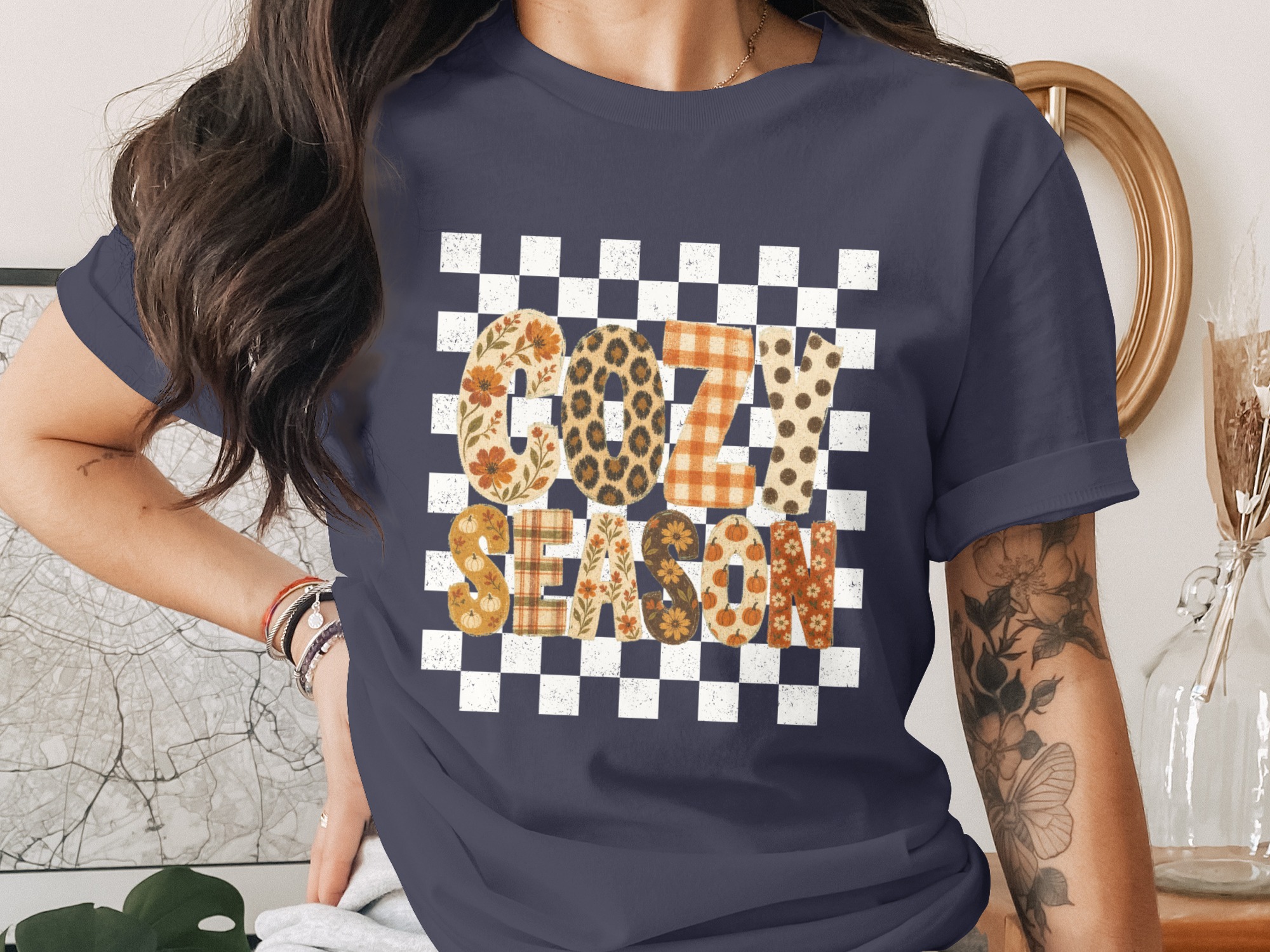Cozy Season T Shirt | Fall Vibes Autumn Leopard Print Buffalo Plaid Floral Pumpkin Spice Tee | Trendy Seasonal Apparel Gift for Her - Image 3