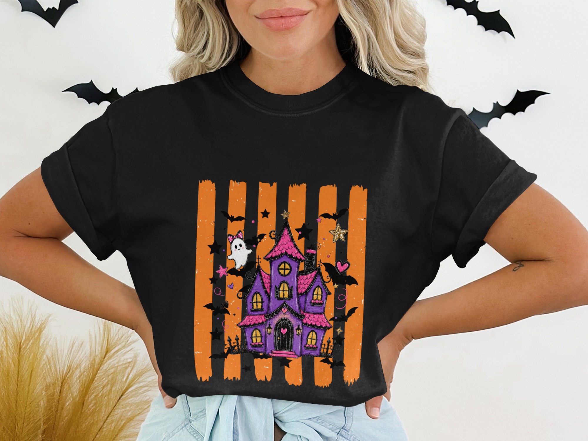 Spooky Cute Haunted House T-Shirt | Whimsical Halloween Tee with Ghosts & Bats | Purple Pink Aesthetic Fall Party Shirt Gift - Image 2