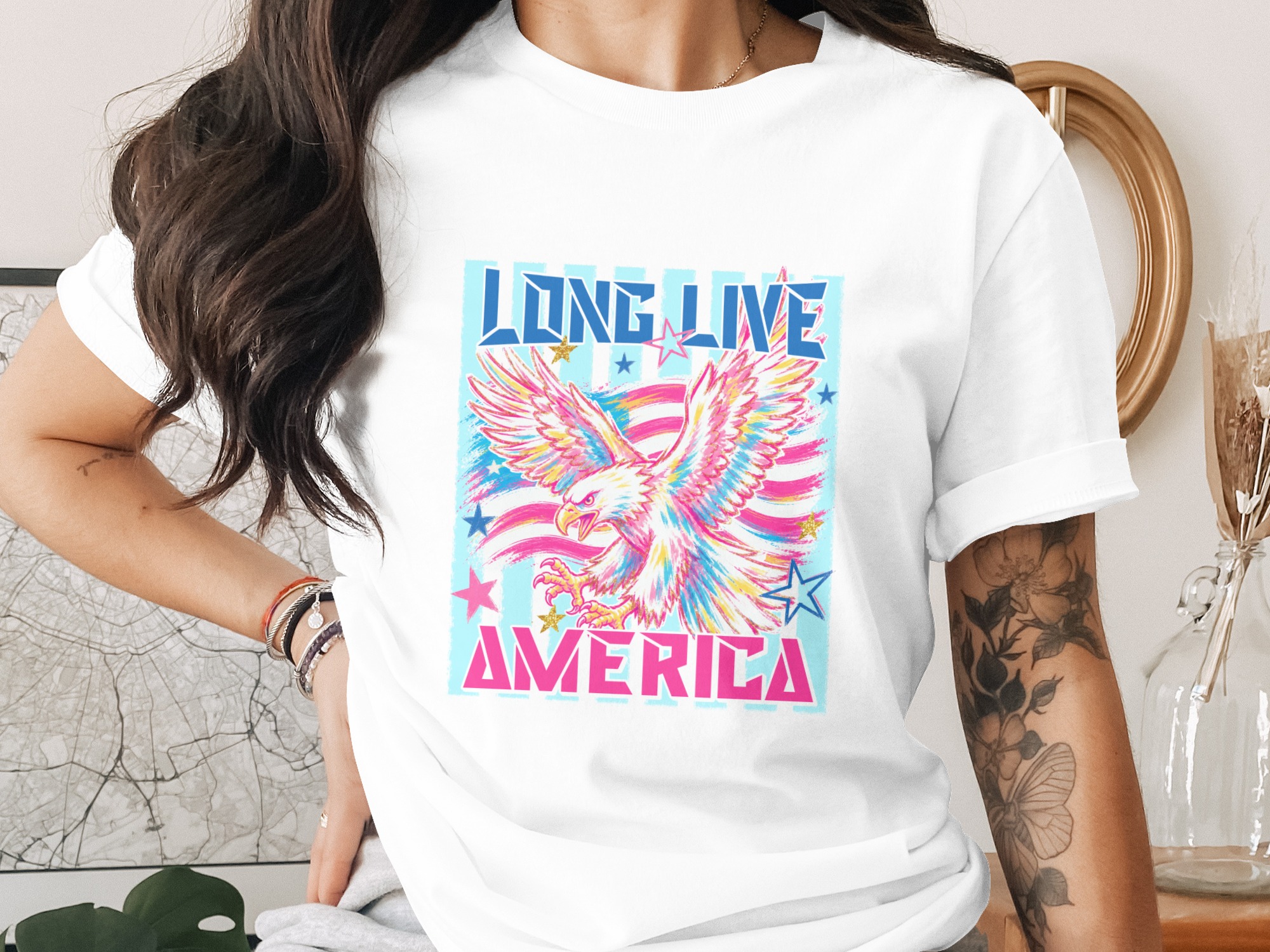 Long Live America T-Shirt, Comfort Colors ®, Patriotic Eagle Faux Gold Glitter Graphic Tee, Trendy American Flag Design, 4th of July