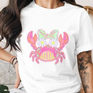 Preppy Crab T-Shirt, Coastal Ocean Theme, Watercolor Style Crab Tee, Daisy Bow Summer Beach Vacation Shirt