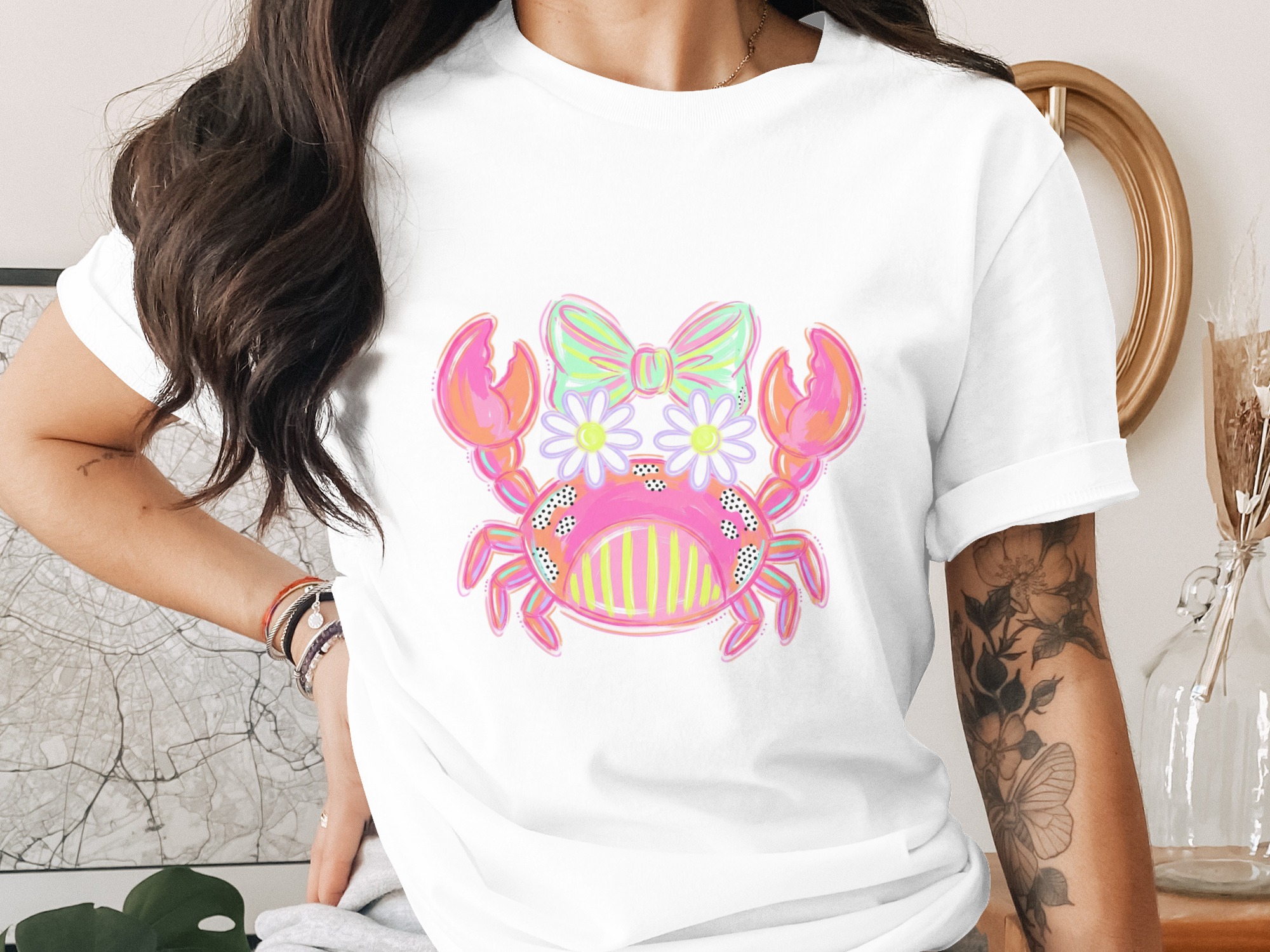 Preppy Crab T-Shirt, Coastal Ocean Theme, Watercolor Style Crab Tee, Daisy Bow Summer Beach Vacation Shirt