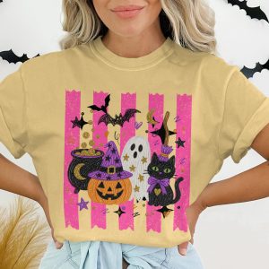 Cute Halloween T-Shirt for Women, Spooky Season Ghoul Gang Shirt, Pink Witchy Pumpkin Ghost Cat Tee, Kawaii Fall Gift Idea