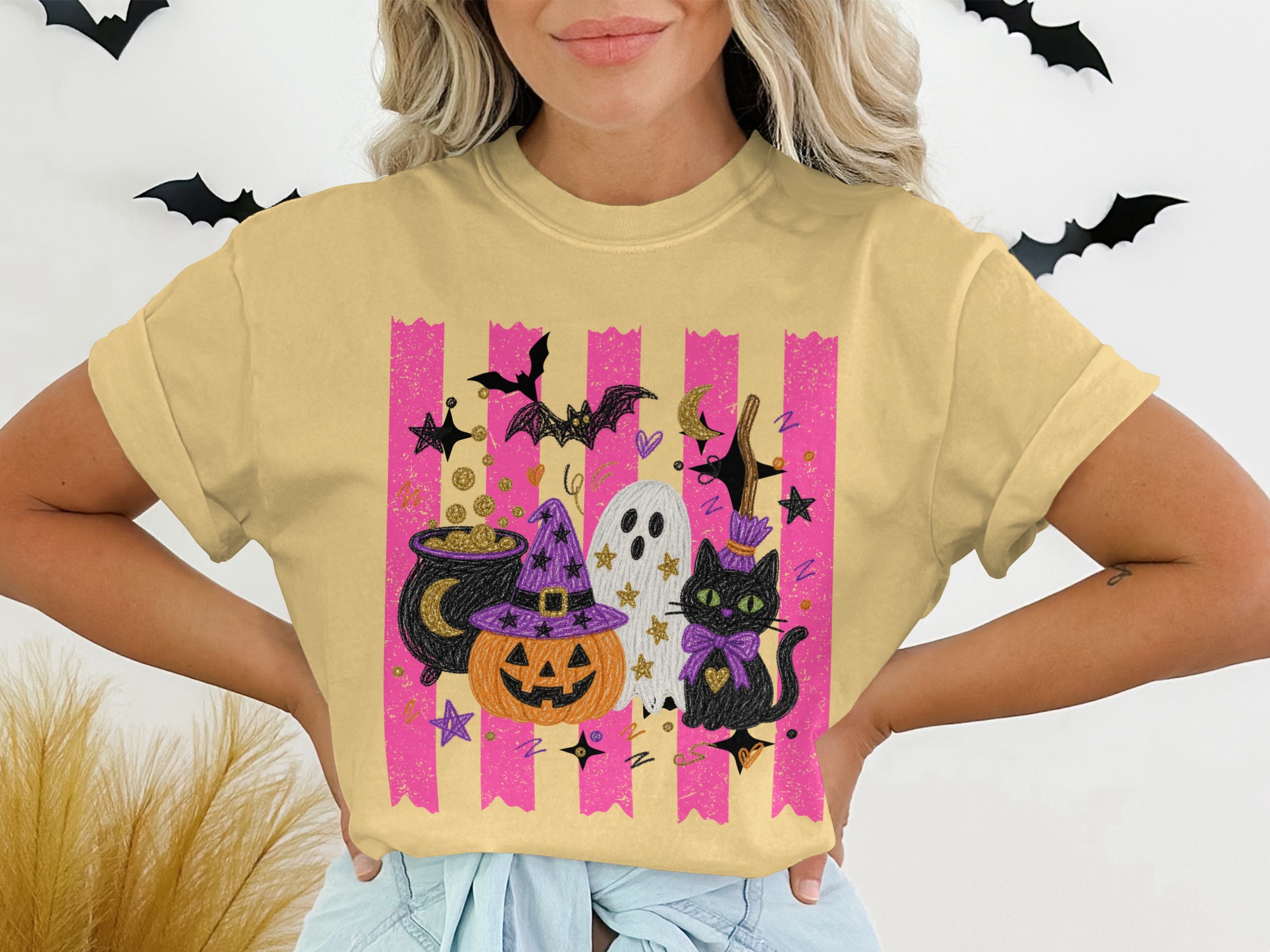 Cute Halloween T-Shirt for Women, Spooky Season Ghoul Gang Shirt, Pink Witchy Pumpkin Ghost Cat Tee, Kawaii Fall Gift Idea