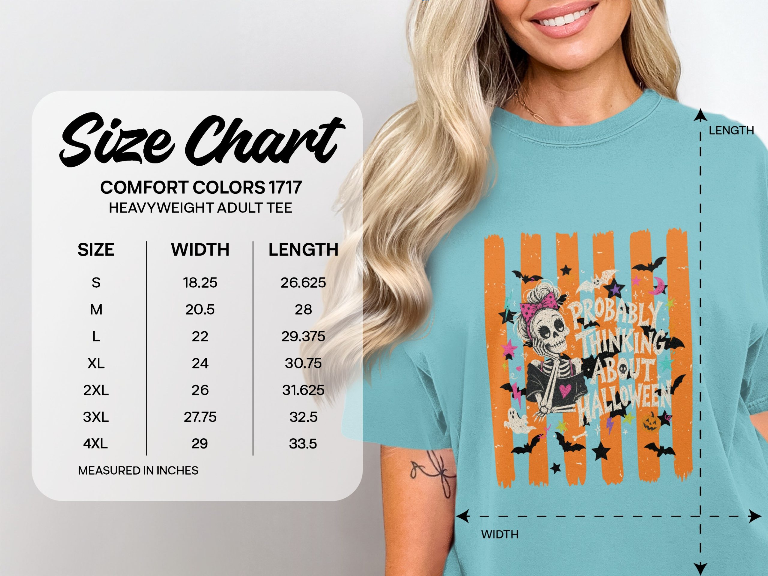 'Probably Thinking About Halloween' Skeleton T-Shirt | Messy Bun Skull Spooky Season Gift | Cute Witchy Bat & Ghost Fall Tee | Retro - Image 6