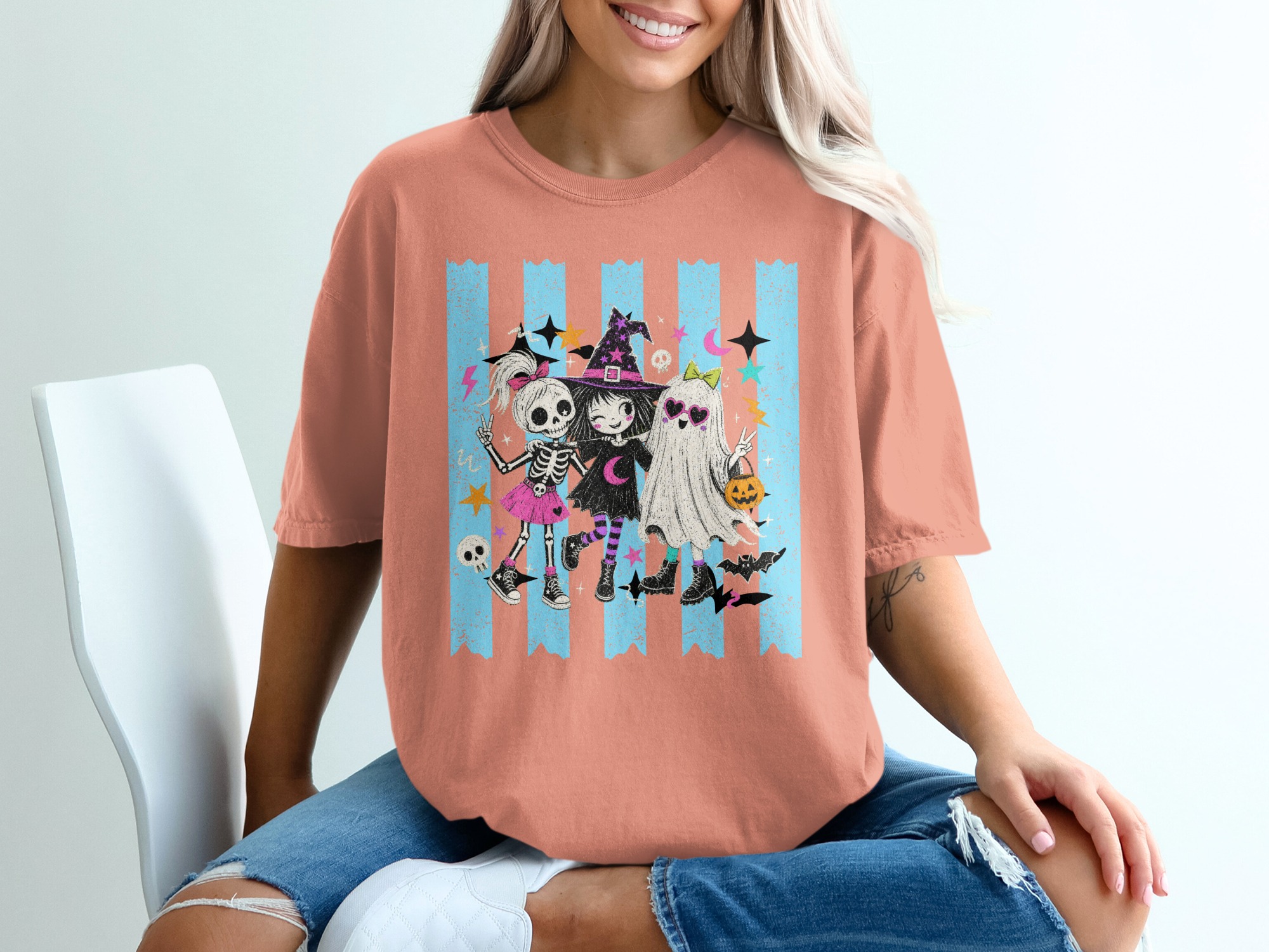 Cute Halloween Besties T-Shirt | Spooky Friends Witch Ghost Skeleton Tee | Kawaii Pastel Goth Graphic Shirt Gift - Image 8