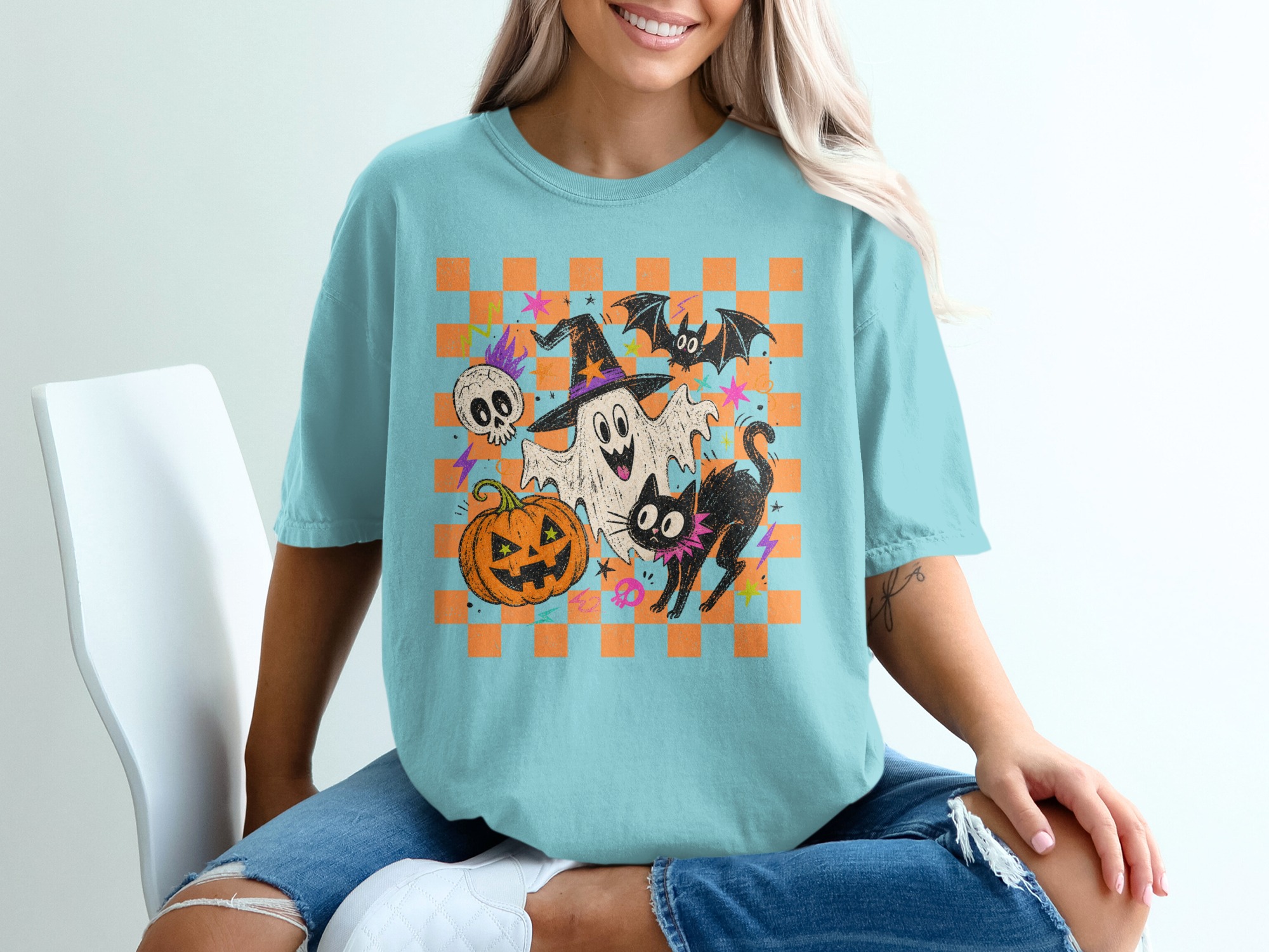 Spooky Cute Halloween T-Shirt, Retro Checkered Ghost Pumpkin Black Cat Shirt, Funky Spooky Season Tee, Fall Vibes Unisex Graphic Tee - Image 4