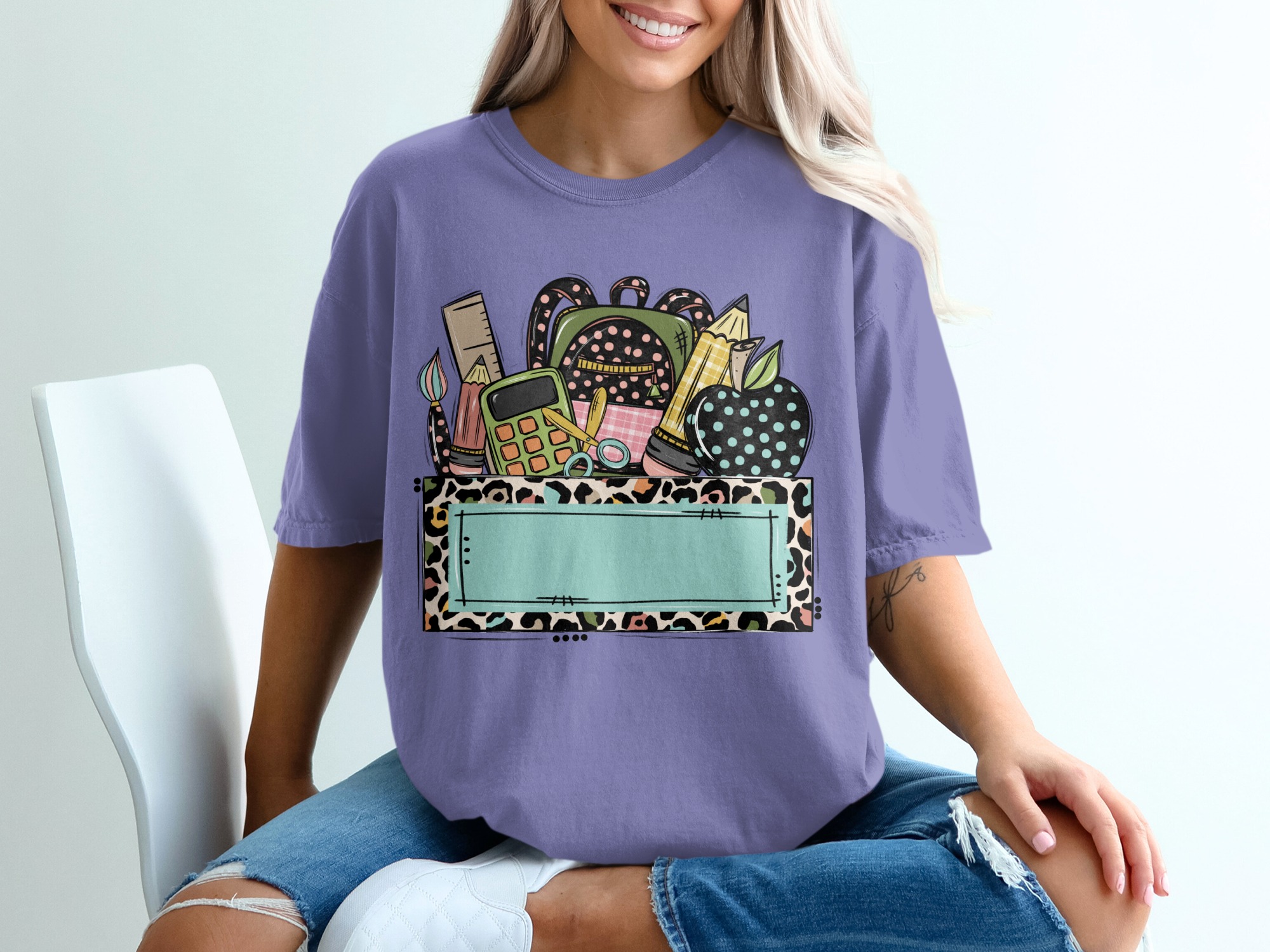 Custom Teacher School Supplies T-Shirt | Personalized Educator Gift, Back to School, Leopard Print Top - Image 13