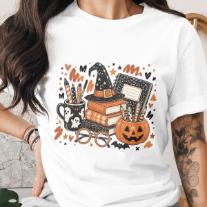Comfort Colors ® Halloween Teacher T-Shirt, Spooky Season Book Lover Reading, Witch Hat Pumpkin Academic Fall Tee