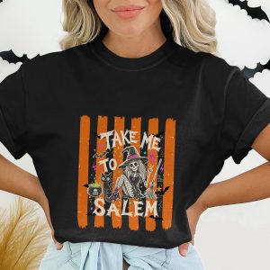 Take Me To Salem Skeleton Witch T-Shirt, Spooky Halloween Cat Tee, Distressed Orange Striped Witchy Vibes Top, October Fall Gift for Her