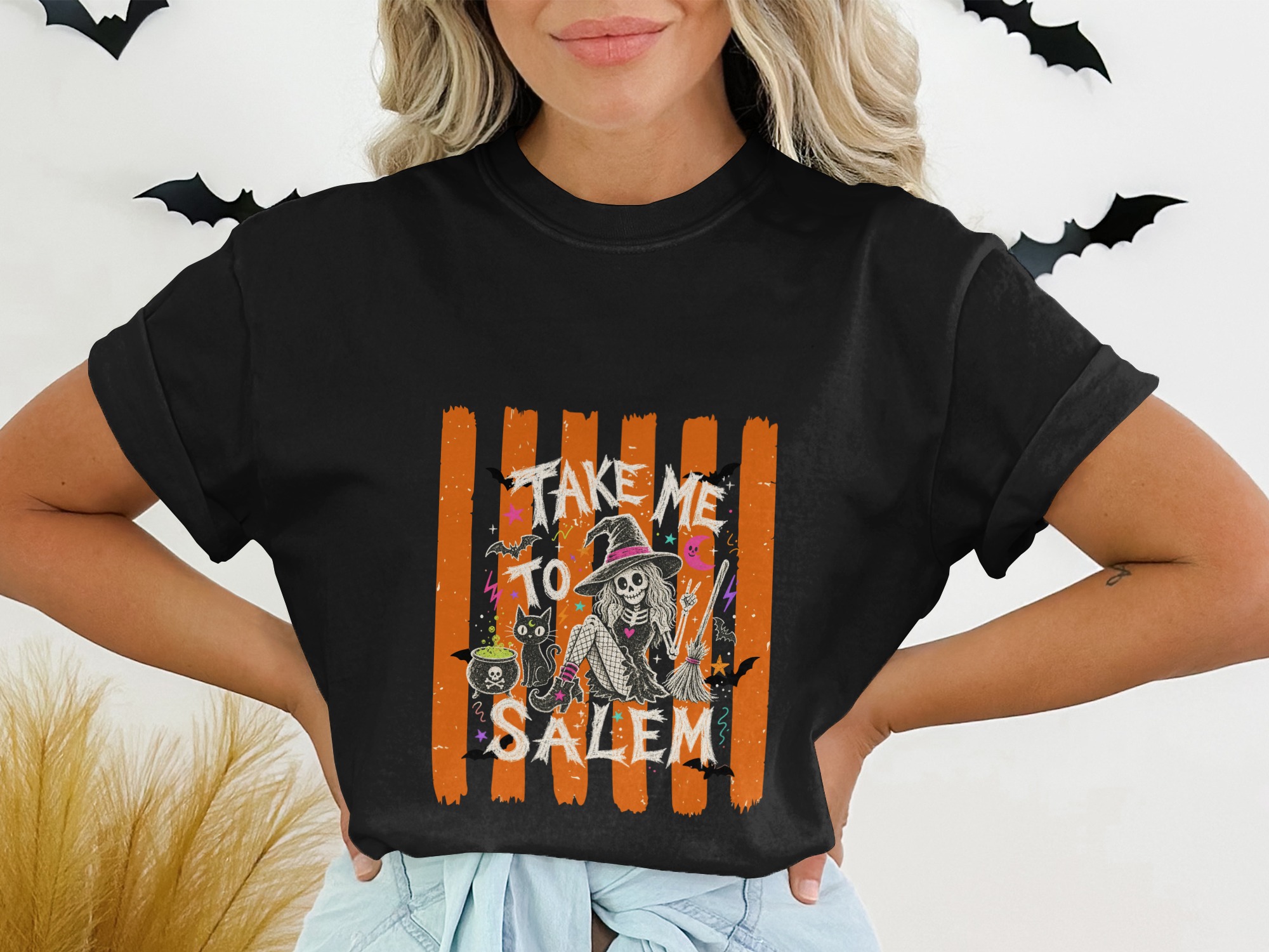 Take Me To Salem Skeleton Witch T-Shirt, Spooky Halloween Cat Tee, Distressed Orange Striped Witchy Vibes Top, October Fall Gift for Her