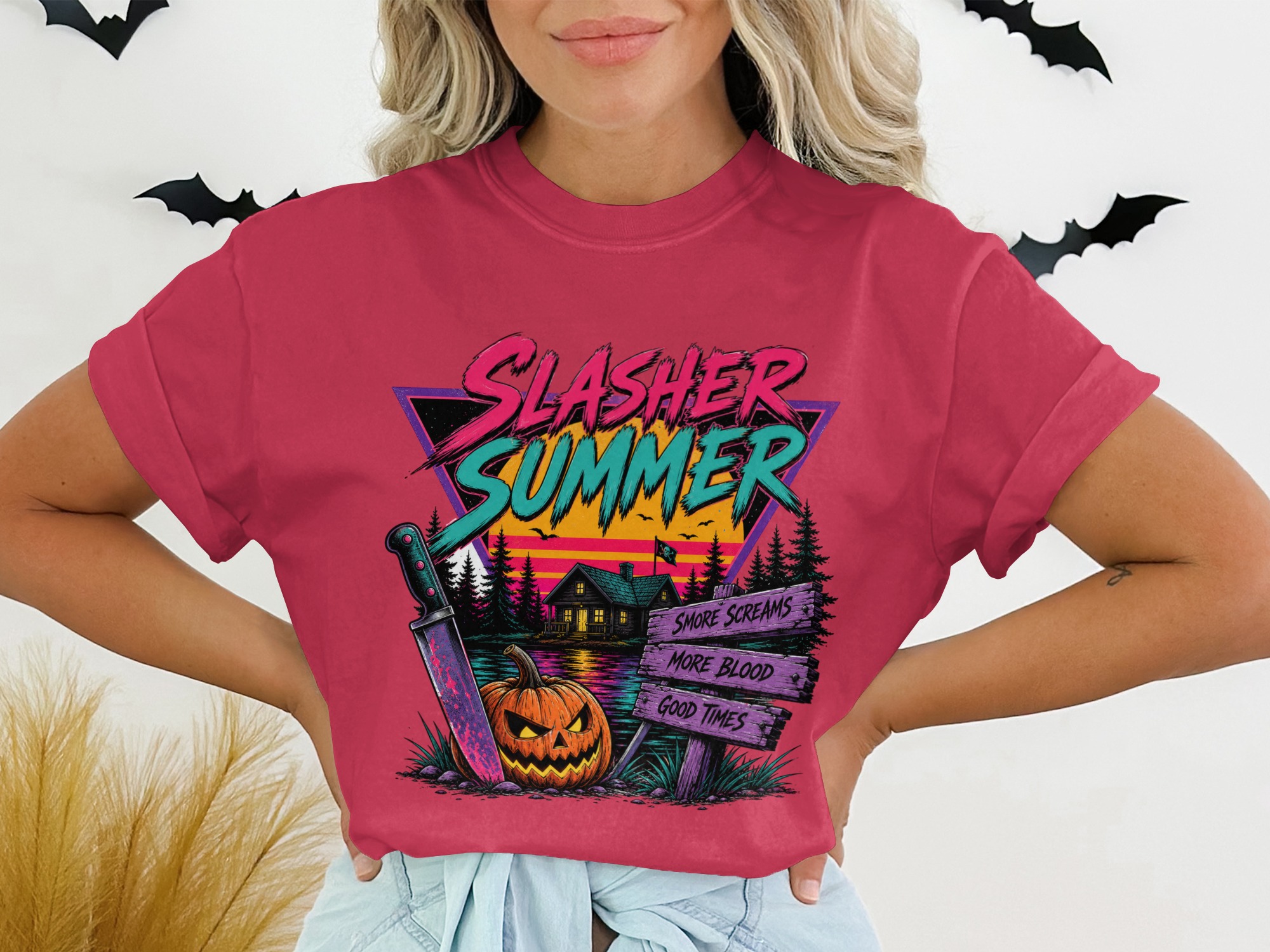Slasher Summer Retro Horror T-Shirt, Neon Goth 80s 90s Aesthetic Halloween Graphic Tee, Spooky Season Synthwave Camp Slasher Shirt Gift - Image 5
