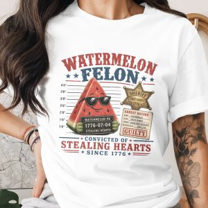 Watermelon Felon T-Shirt | Funny Stealing Hearts Pun Tee | Sweet Bandit Mugshot Summer Fruit Shirt Gift