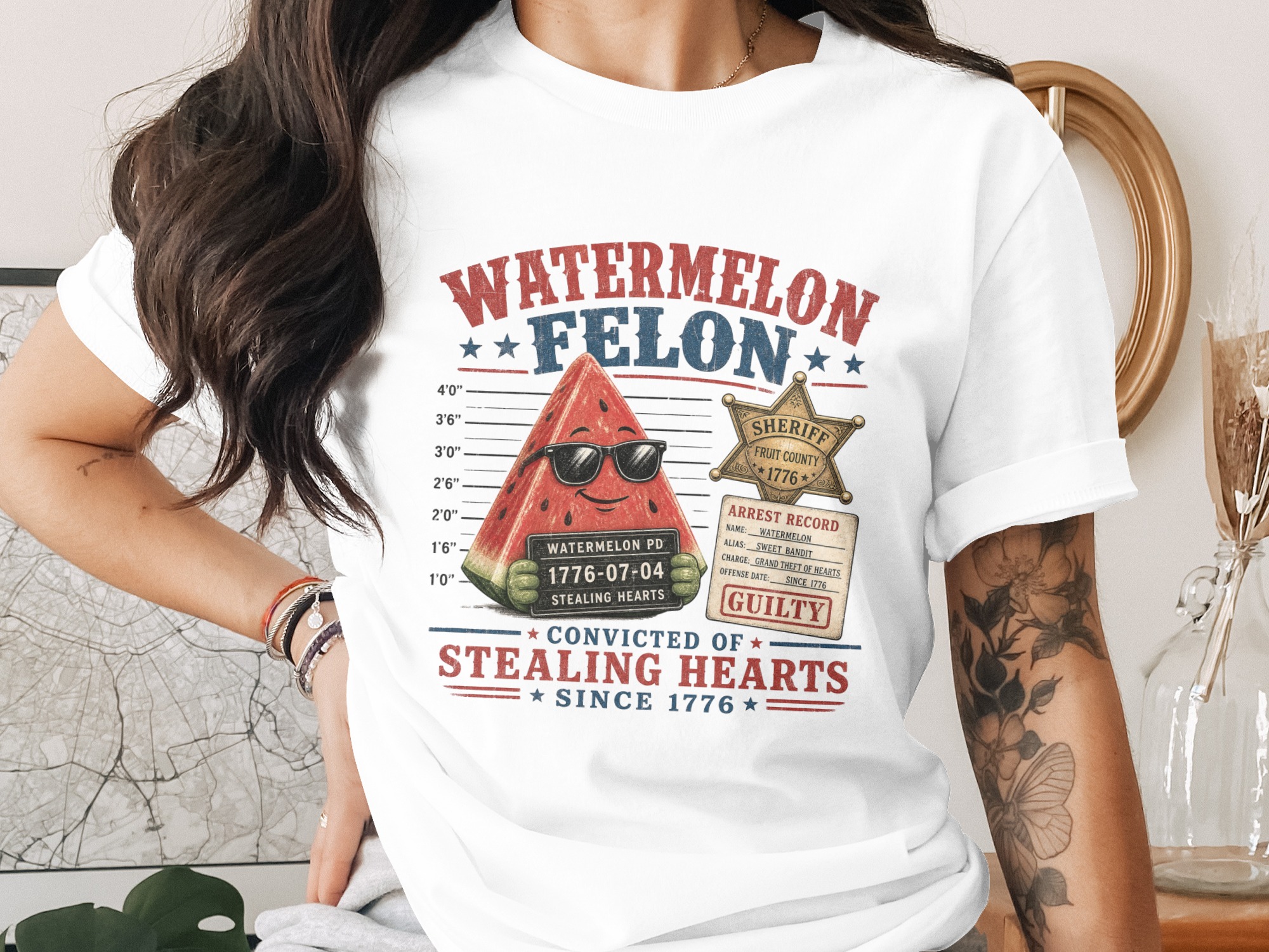 Watermelon Felon T-Shirt | Funny Stealing Hearts Pun Tee | Sweet Bandit Mugshot Summer Fruit Shirt Gift