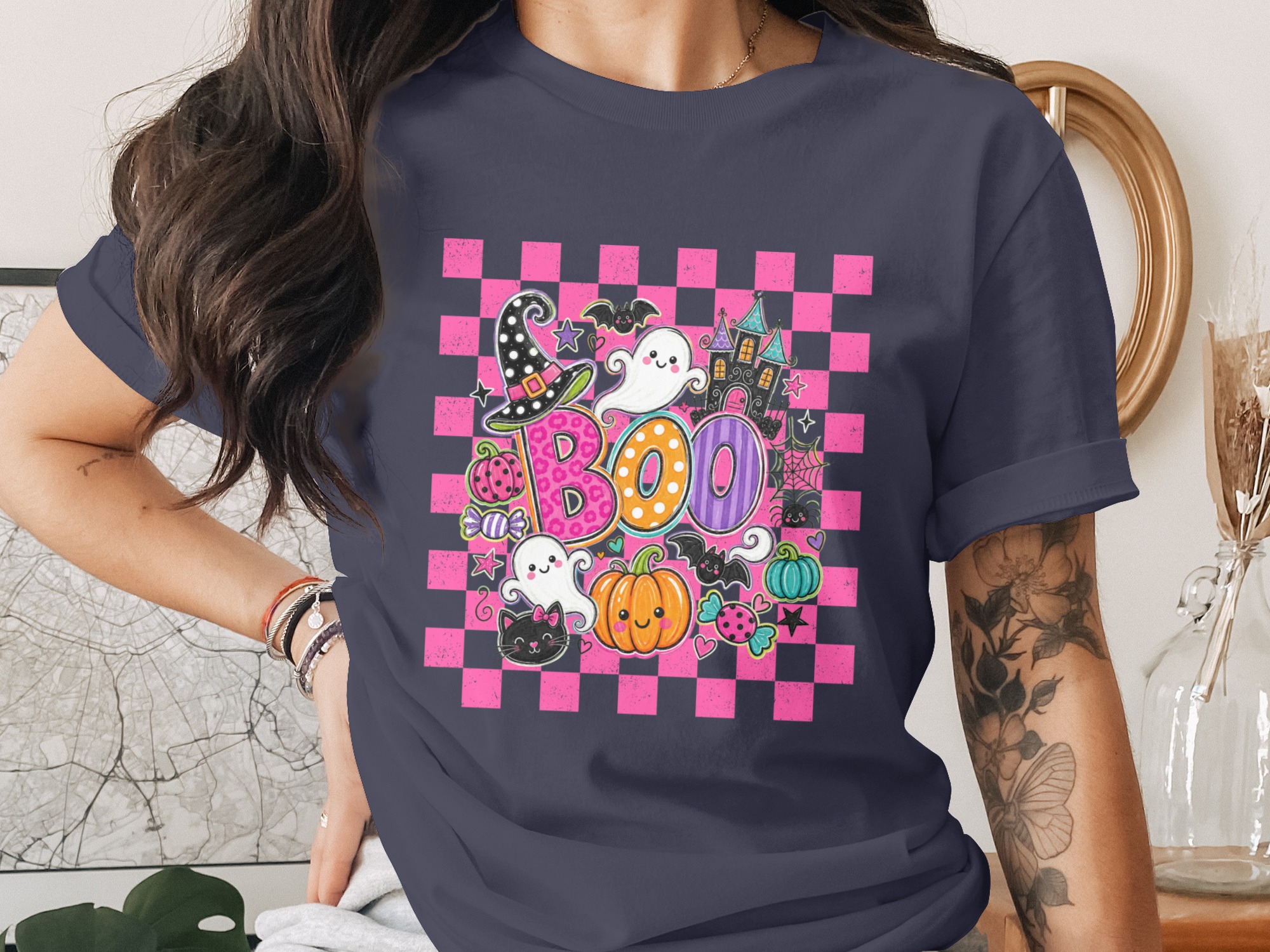 Cute Spooky Season Boo Shirt, Retro Halloween Graphic Tee, Pink Checkered Ghost Pumpkin Bat T-Shirt for Women - Image 3