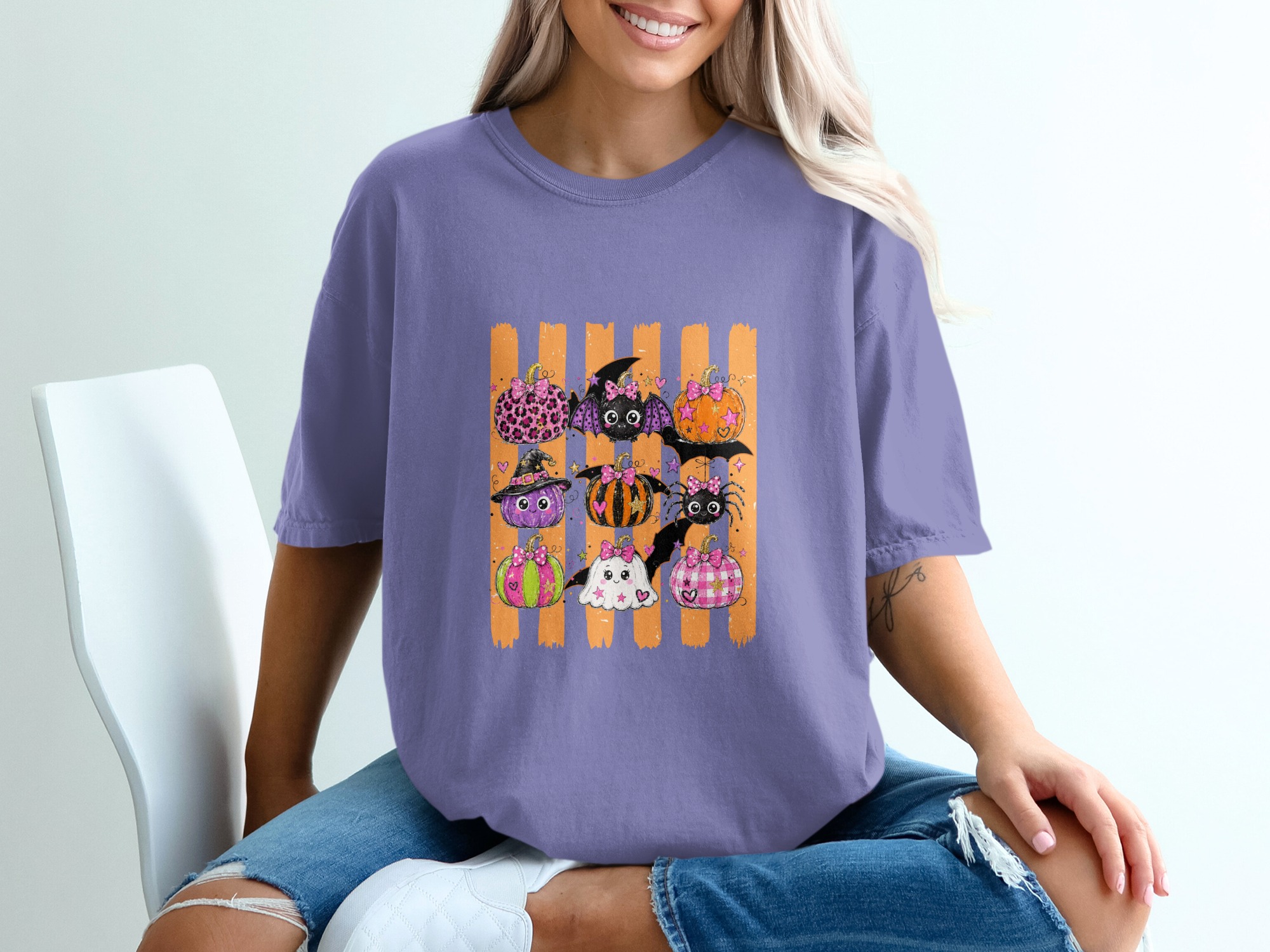 Cute Spooky Pumpkins Halloween T-Shirt for Women, Adorable Pastel Goth Trick or Treat Shirt for Fall Season - Image 6