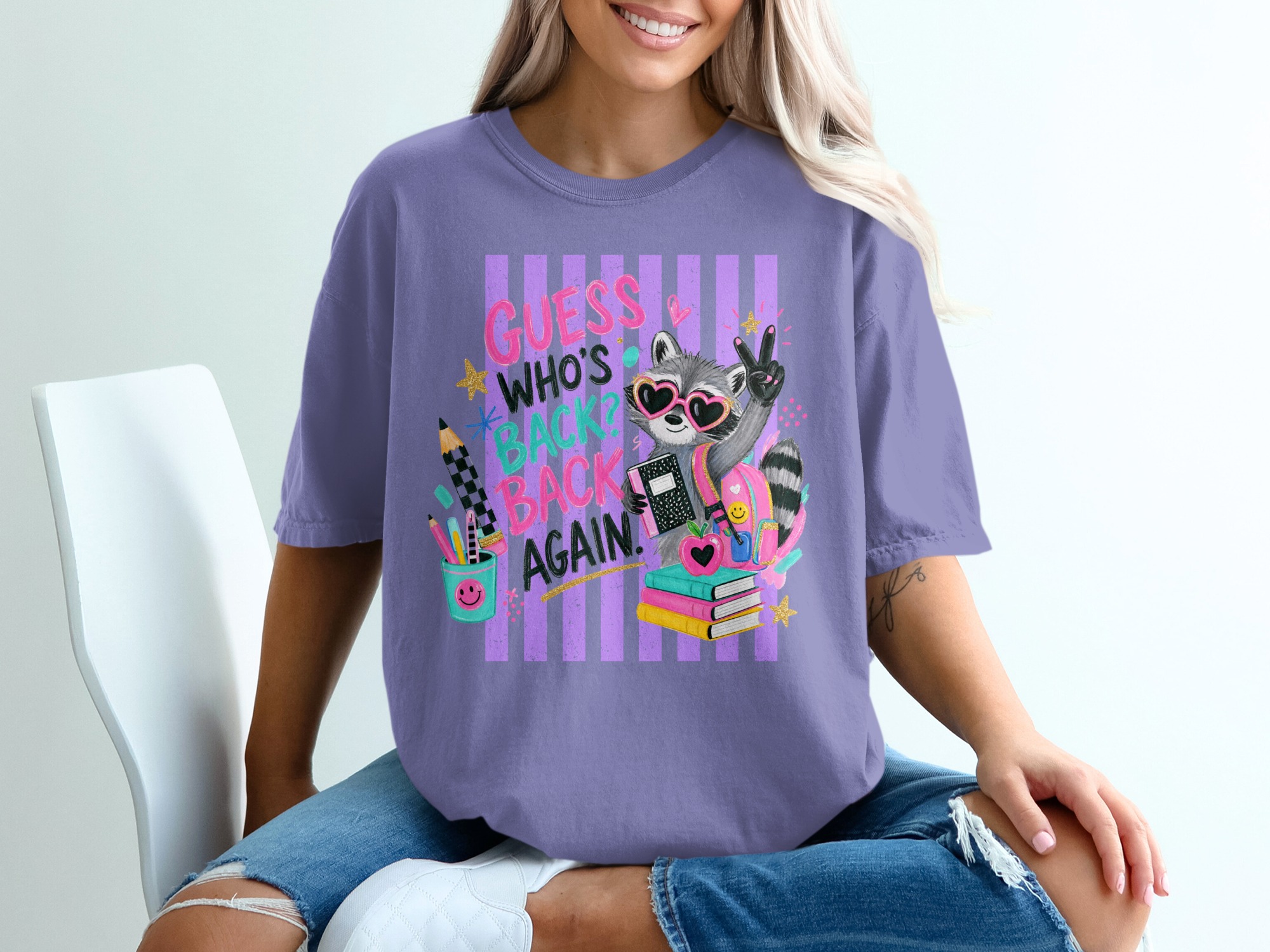 Back To School Raccoon T-Shirt, Guess Who's Back Again Teacher Shirt, First Day Of School Student Tee, Cute Animal Graphic Top - Image 6