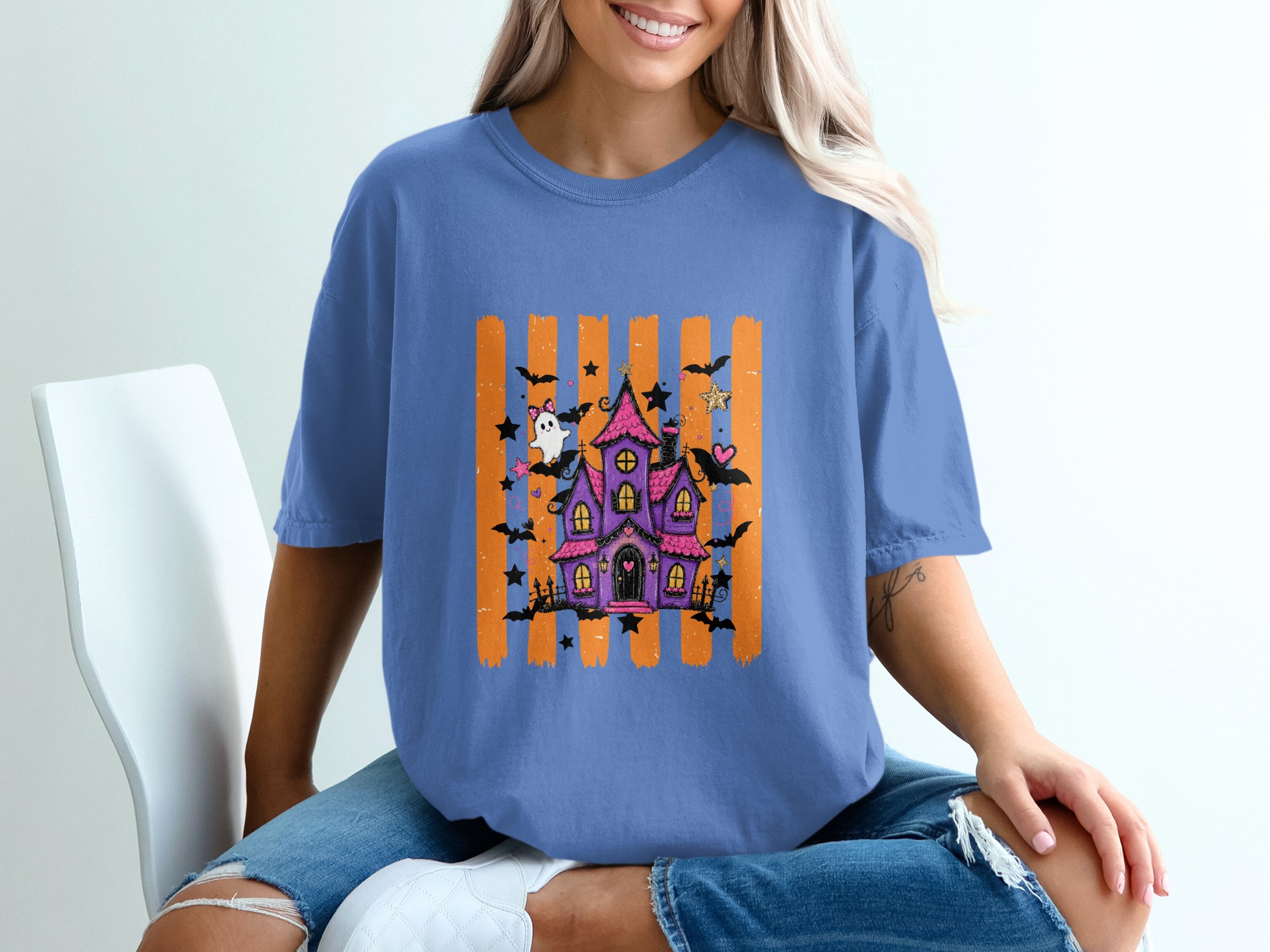 Spooky Cute Haunted House T-Shirt | Whimsical Halloween Tee with Ghosts & Bats | Purple Pink Aesthetic Fall Party Shirt Gift - Image 9