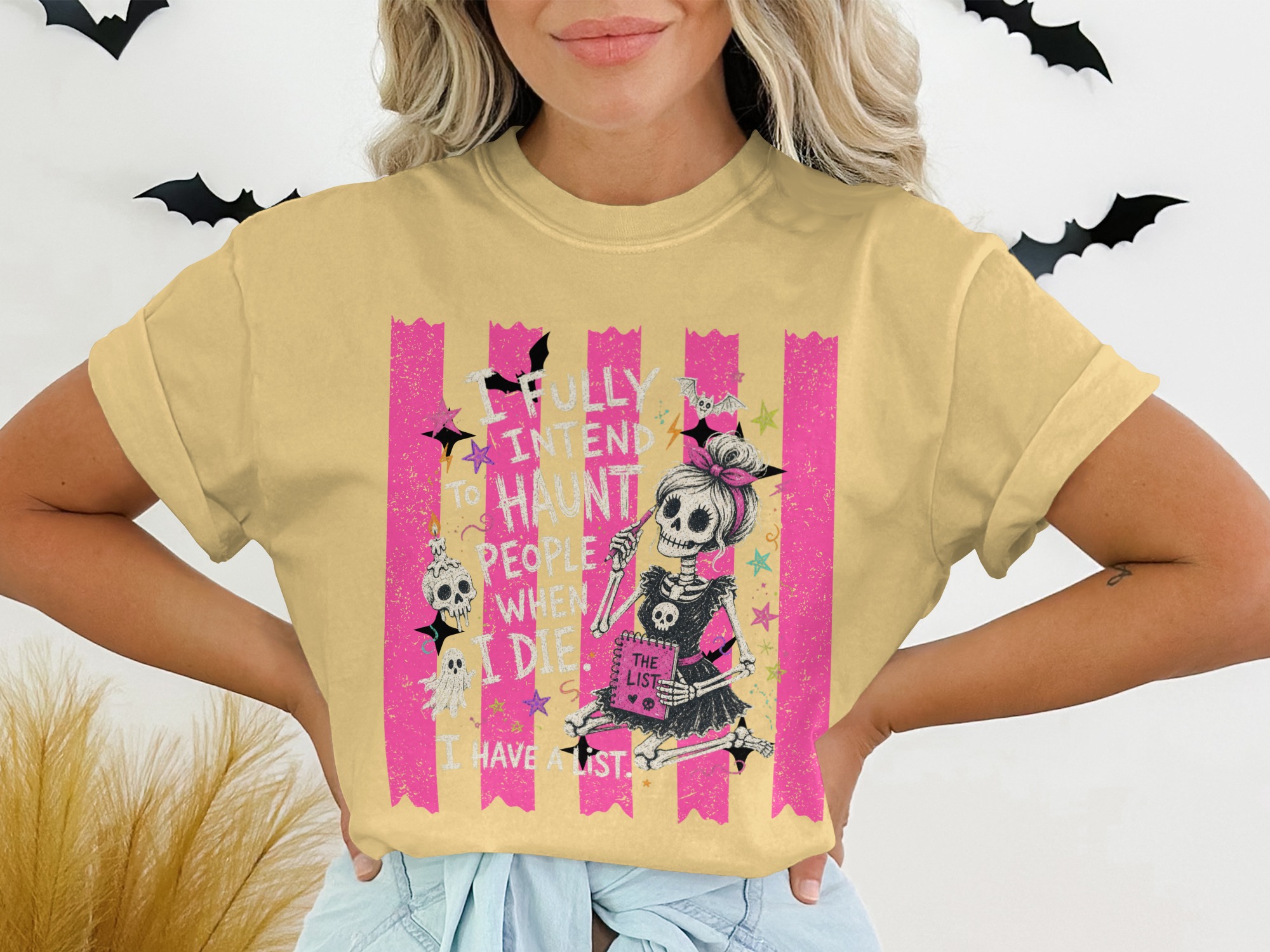 Funny Skeleton Haunt List T-Shirt, Sarcastic Women's Halloween Tee, Spooky Cute Goth Graphic Shirt, Dark Humor Gift Idea