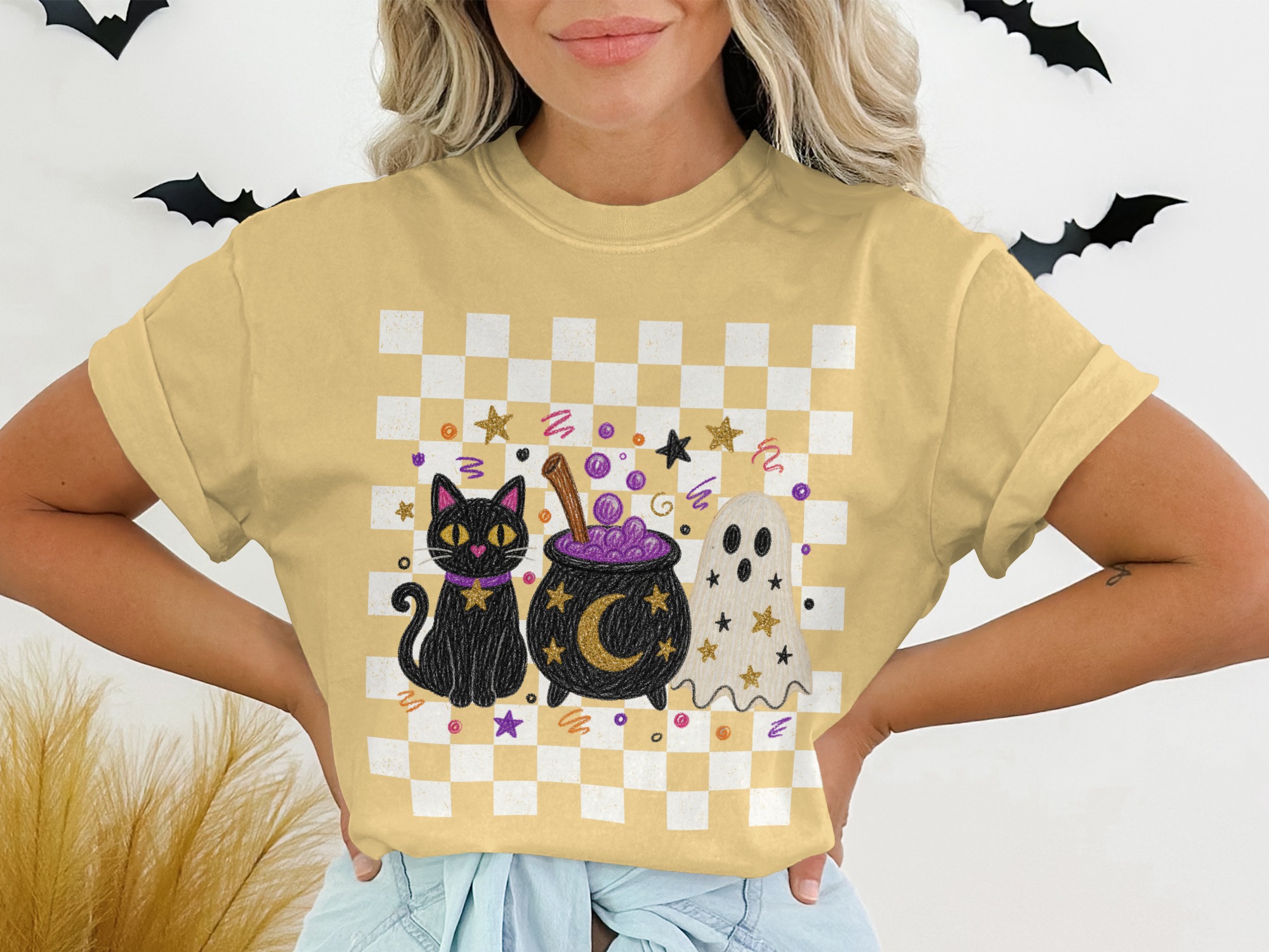Spooky Cute Halloween T-Shirt | Whimsical Black Cat Cauldron Ghost Tee | Celestial Autumn Graphic Shirt | Fun Fall Season Gift for Her - Image 4