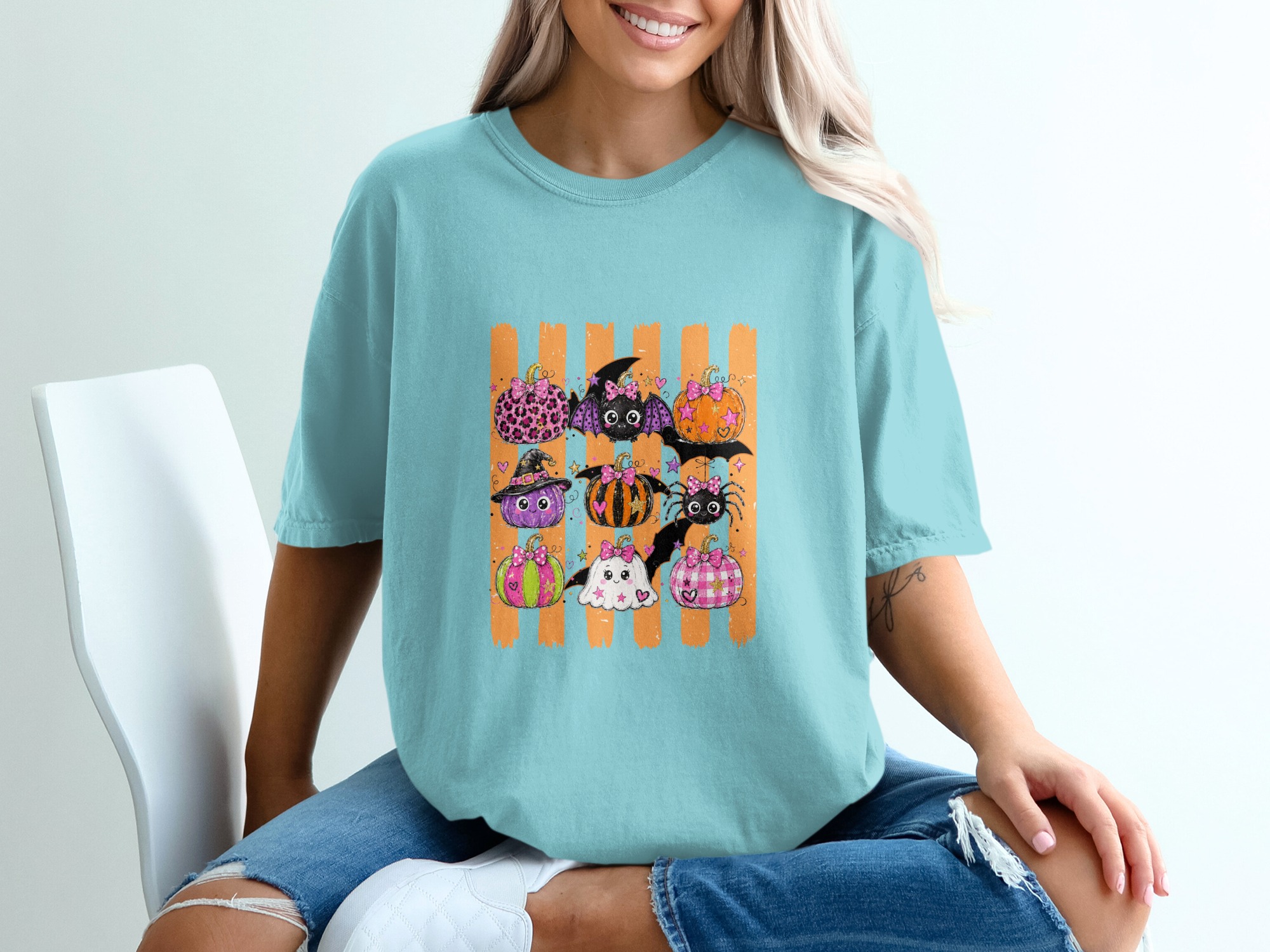 Cute Spooky Pumpkins Halloween T-Shirt for Women, Adorable Pastel Goth Trick or Treat Shirt for Fall Season - Image 8