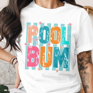 Pool Bum Distressed Retro T-Shirt with Stars & Bow | Summer Vacation Top for Women | Beach Trip Tee