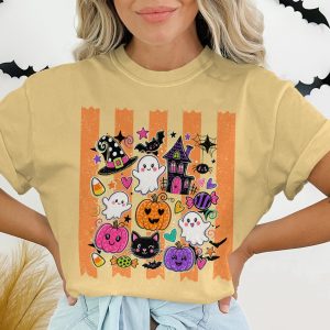 Cute Halloween Shirt, Spooky Cute Ghost & Pumpkin Tee, Kawaii Trick or Treat Apparel, Festive Fall Season Graphic T-Shirt for Women & Kids