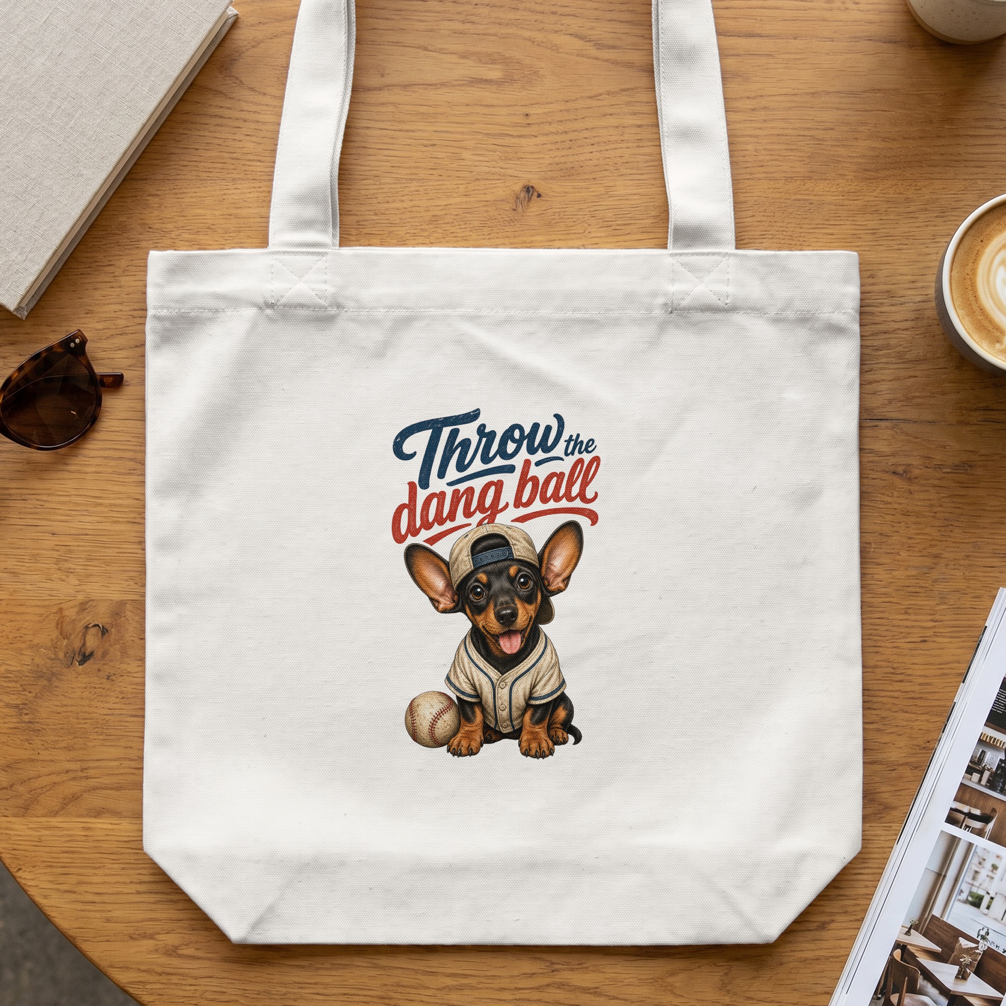 Cute Dachshund Baseball Dog Tote Bag | 'Throw The Dang Ball' Pet Lover Gift | Funny Sports Fan Canvas Book Bag