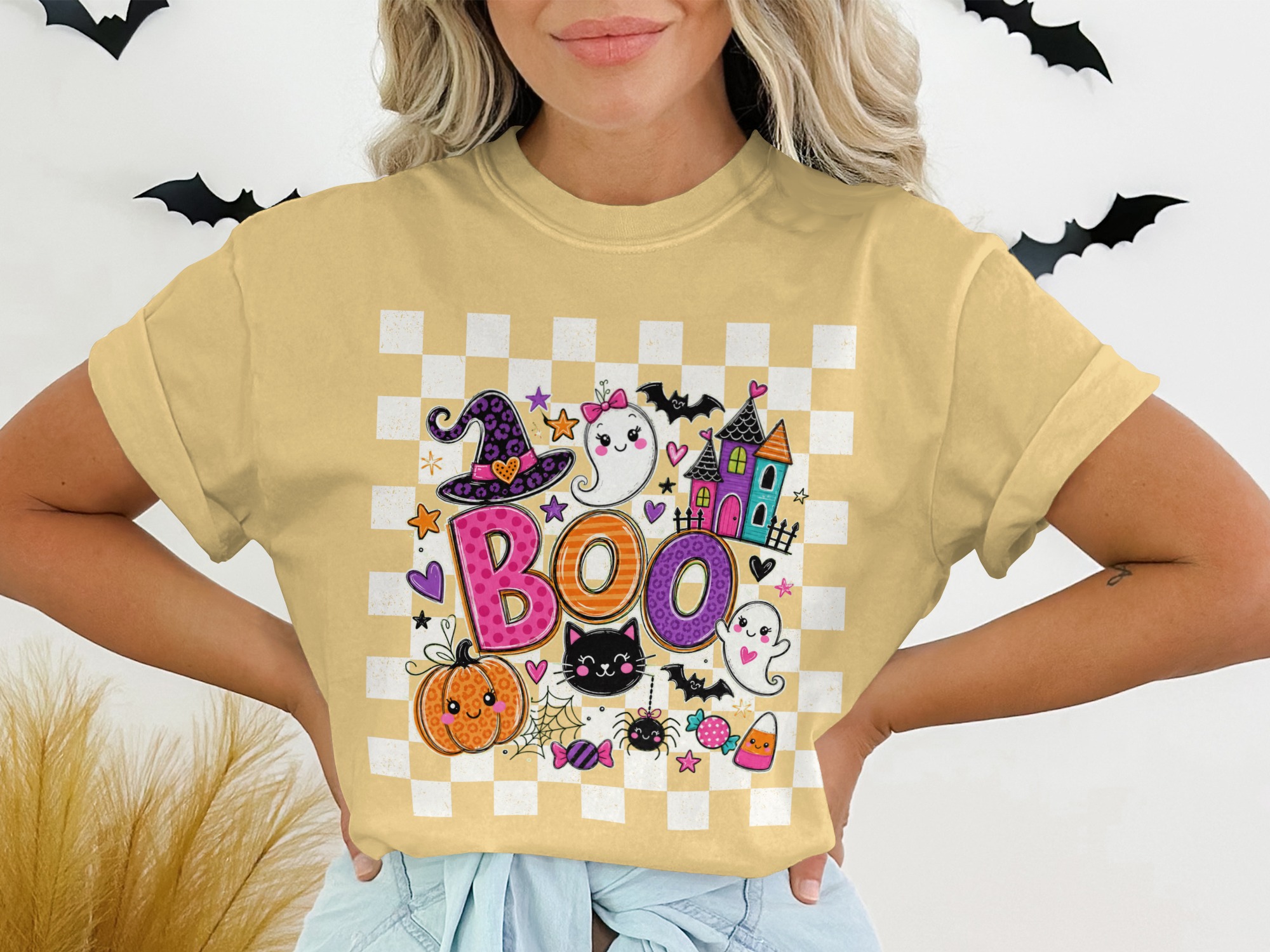 Cute Spooky Boo Halloween T-Shirt for Women, Aesthetic Boho Ghost Witch Hat Funny Pumpkin Trick or Treat Tee - Image 4