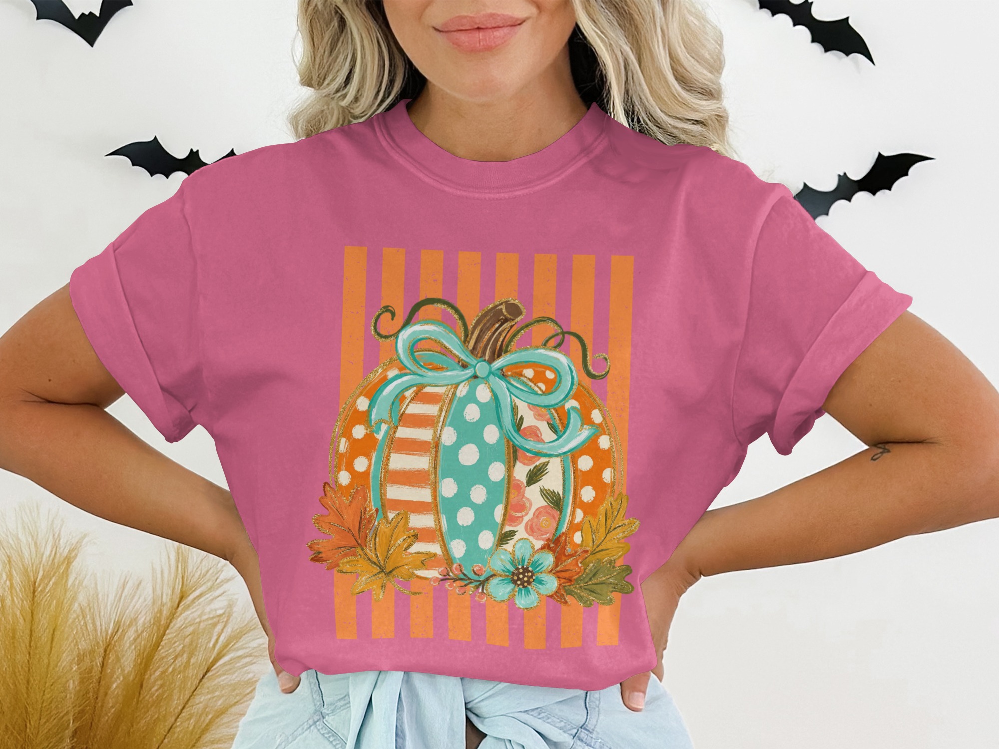 Whimsical Pumpkin T-Shirt, Cute Fall Graphic Tee, Boho Polka Dot Floral Autumn Shirt, Thanksgiving Harvest Top, Cozy Festive Apparel Gift - Image 12