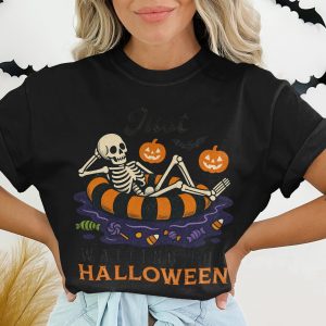 Just Waiting for Halloween Skeleton T-Shirt, Spooky Season Tee, Funny Fall Shirt, Pumpkin Bat Graphic Tee