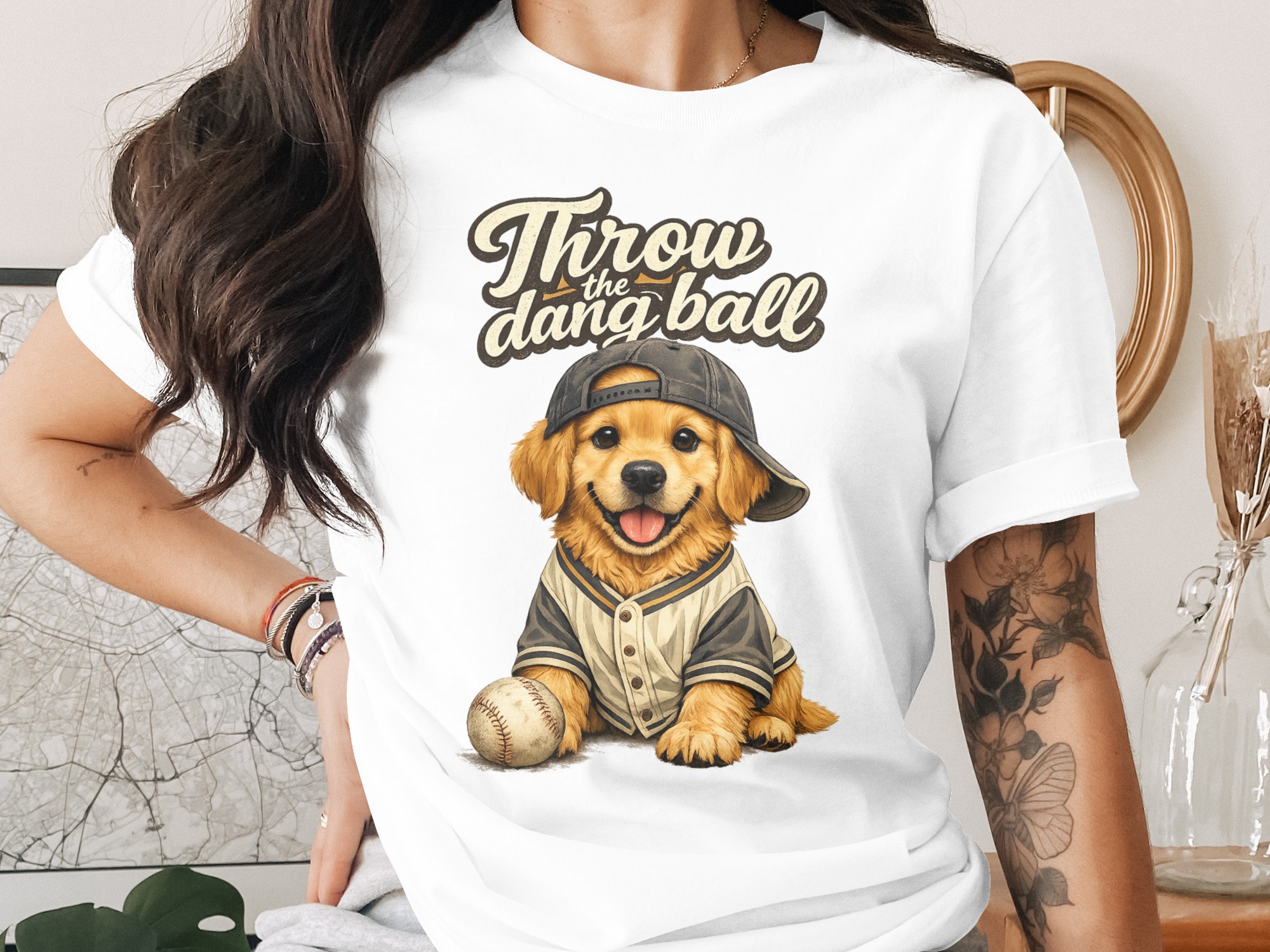 Golden Retriever Baseball Puppy T-Shirt, Throw the Dang Ball Funny Dog Lover Tee, Sports Fan Pet Owner Gift