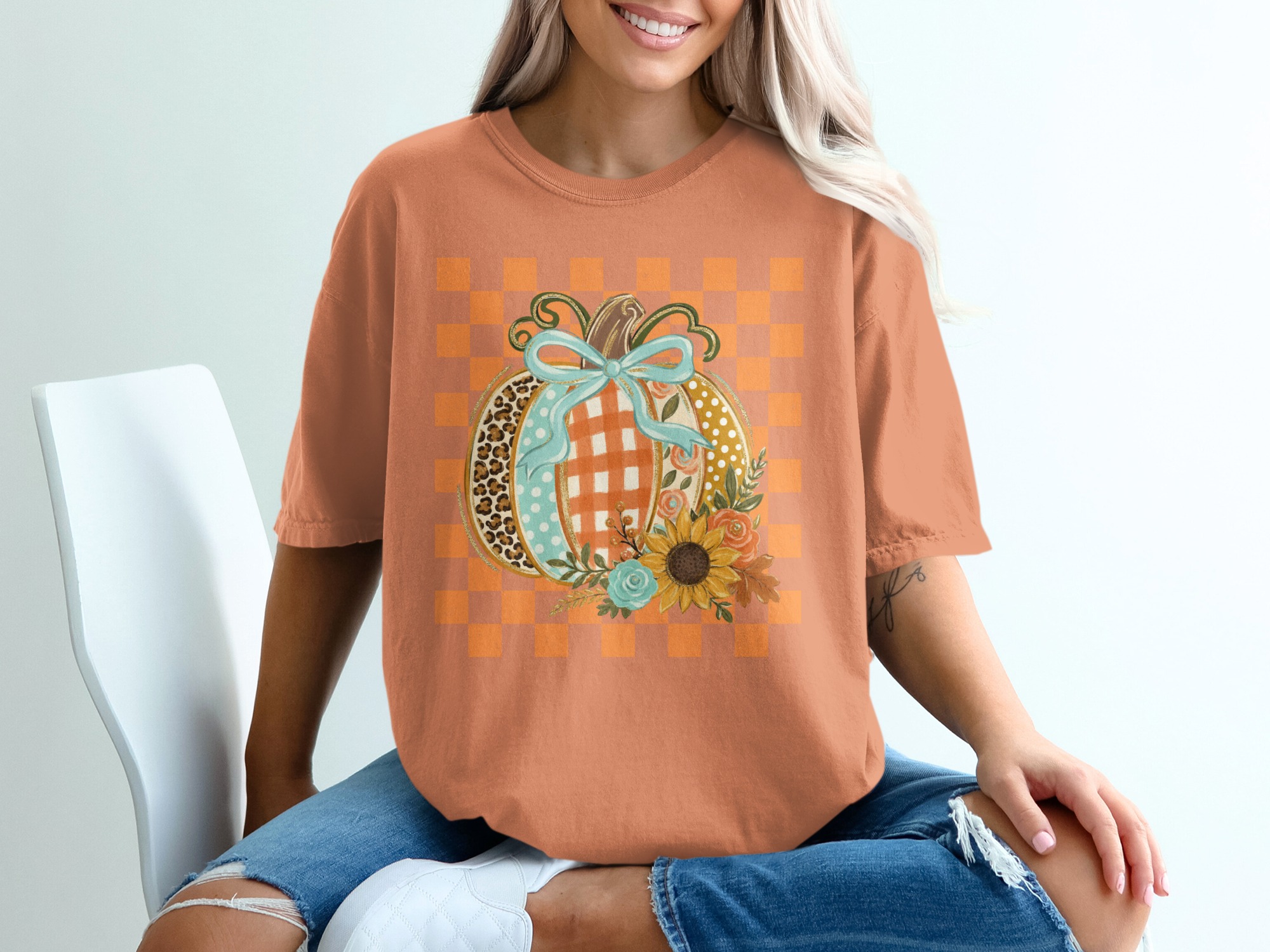 Cute Fall Pumpkin T-Shirt, Distressed Checkerboard Autumn Tee, Floral Leopard Print Pumpkin Shirt, Thanksgiving Gift - Image 4