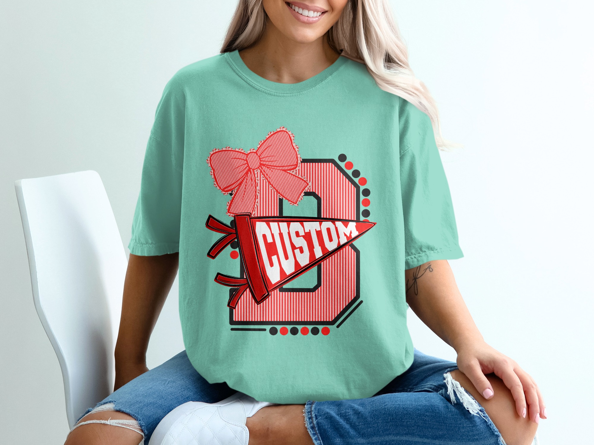 Custom Initial T-Shirt with Bow, Personalized Varsity Style Pennant Design, School Spirit College Team Mascot Letter Tee - Image 10