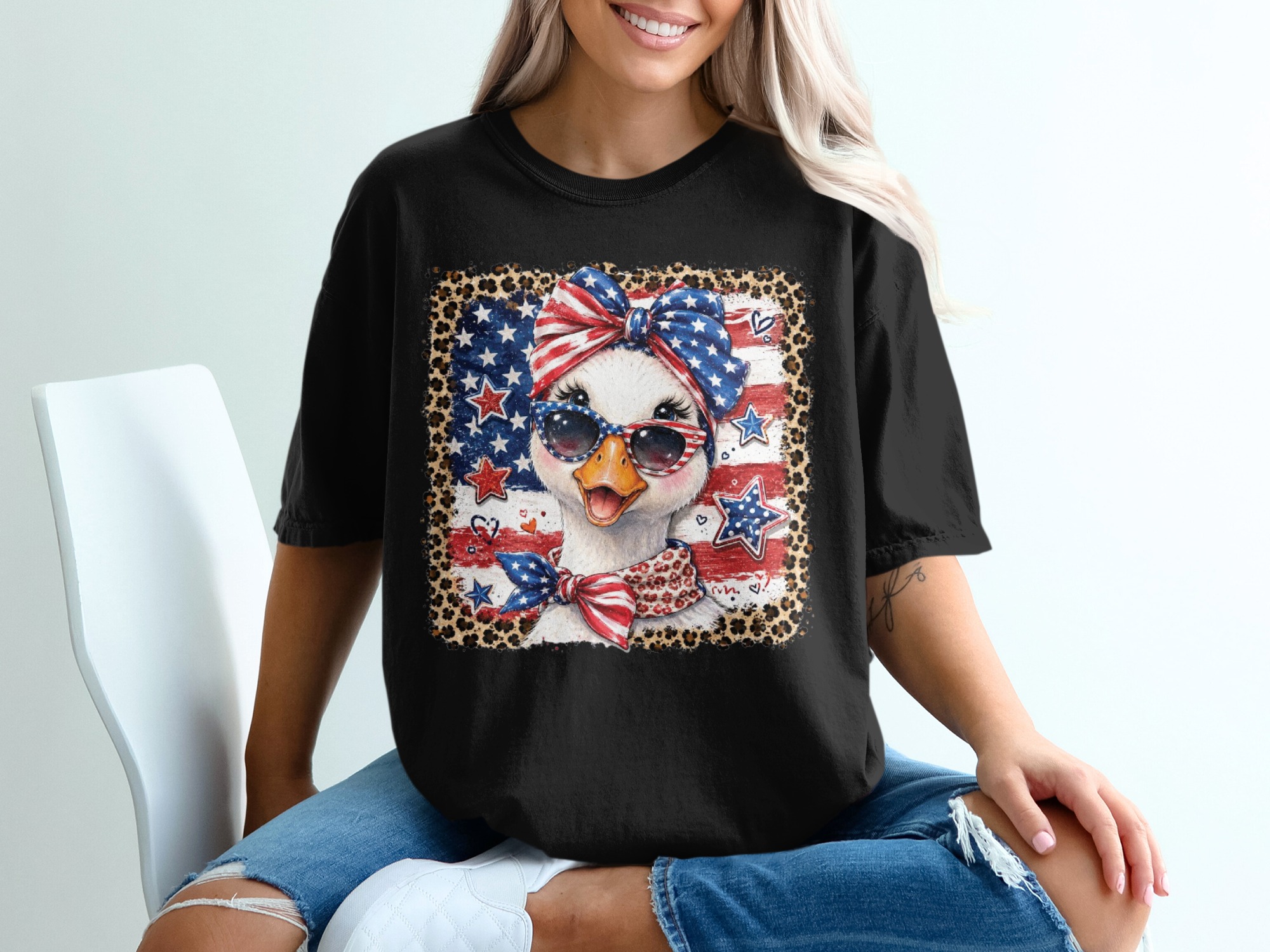 Patriotic Duck T-Shirt, Comfort Colors ® 4th of July Shirt, American Flag Leopard Print Tee, Cute Summer Independence Day Graphic Tee - Image 2