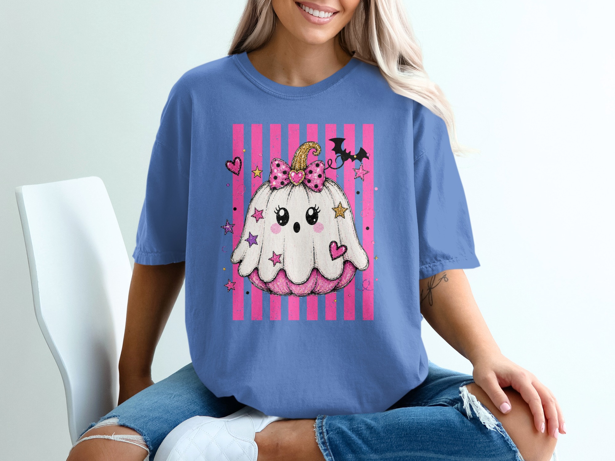 Cute Ghost Pumpkin Halloween Shirt, Spooky Kawaii Pumpkin T-Shirt, Pink Goth Halloween Tee, Trick or Treat Top - Image 9