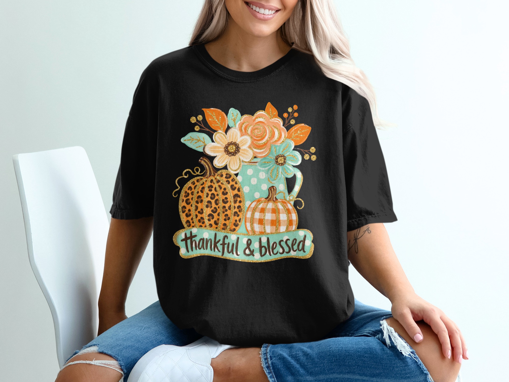 Comfort Colors® Thankful Blessed T-Shirt, Autumn Fall Pumpkin Leopard Plaid Floral Thanksgiving Graphic Tee, Cozy Harvest Gift - Image 4