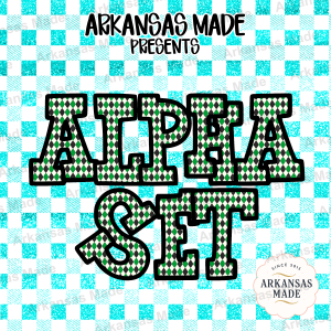 Green Argyle Alpha PNGs Set | Black Diamond Pattern Alphabet Letters Digital Download | Varsity Collegiate Font Clipart Crafters