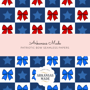 Patriotic Digital Paper Seamless with Red Bows and Blue Stars Checkerboard Pattern, 4th of July Americana Downloadable Graphic