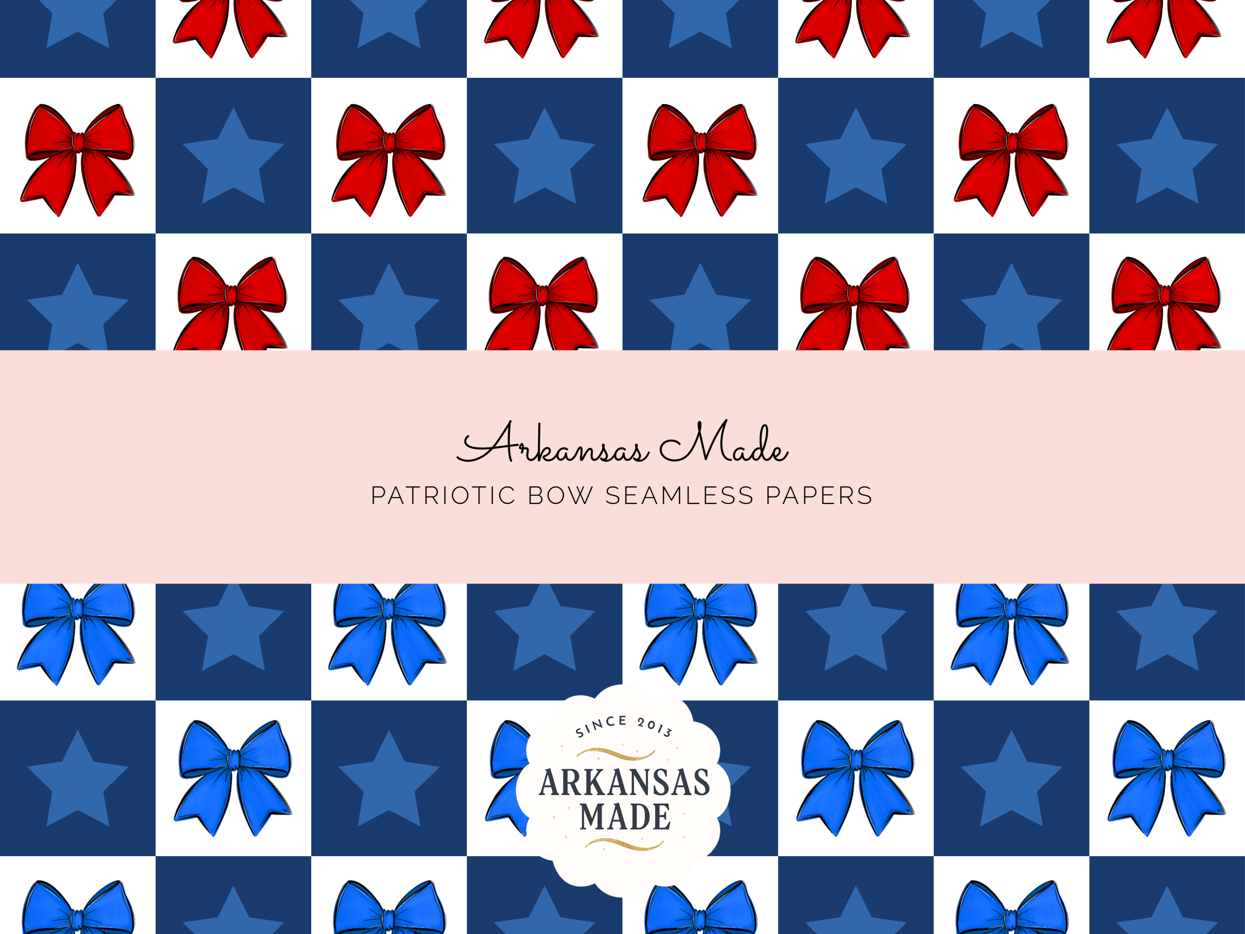 Patriotic Digital Paper Seamless with Red Bows and Blue Stars Checkerboard Pattern, 4th of July Americana Downloadable Graphic