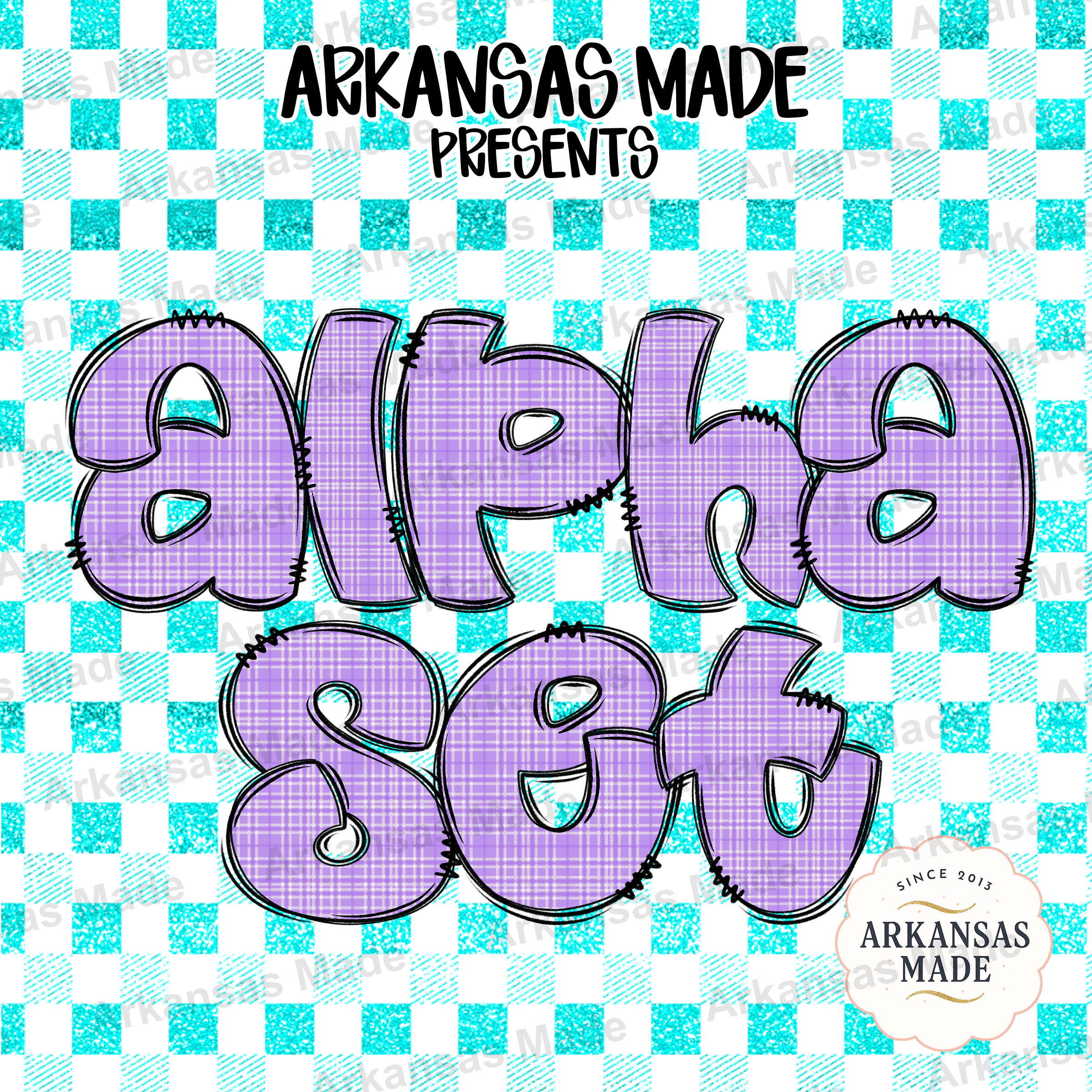 Purple Plaid Bubble Letter PNG Alpha Set, Doodle Stitch Effect Alphabet, Distressed Font Digital Download, Crafting Supply Clipart