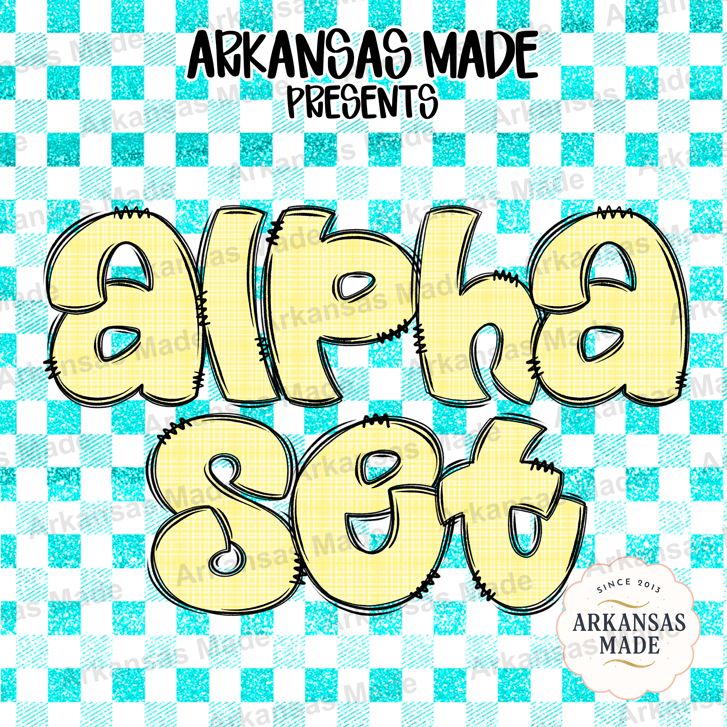 Yellow Gingham Alpha Set PNG, Plaid Bubble Letters Sublimation Font, Digital Alphabet for DIY Crafts, Custom Name Initial Art