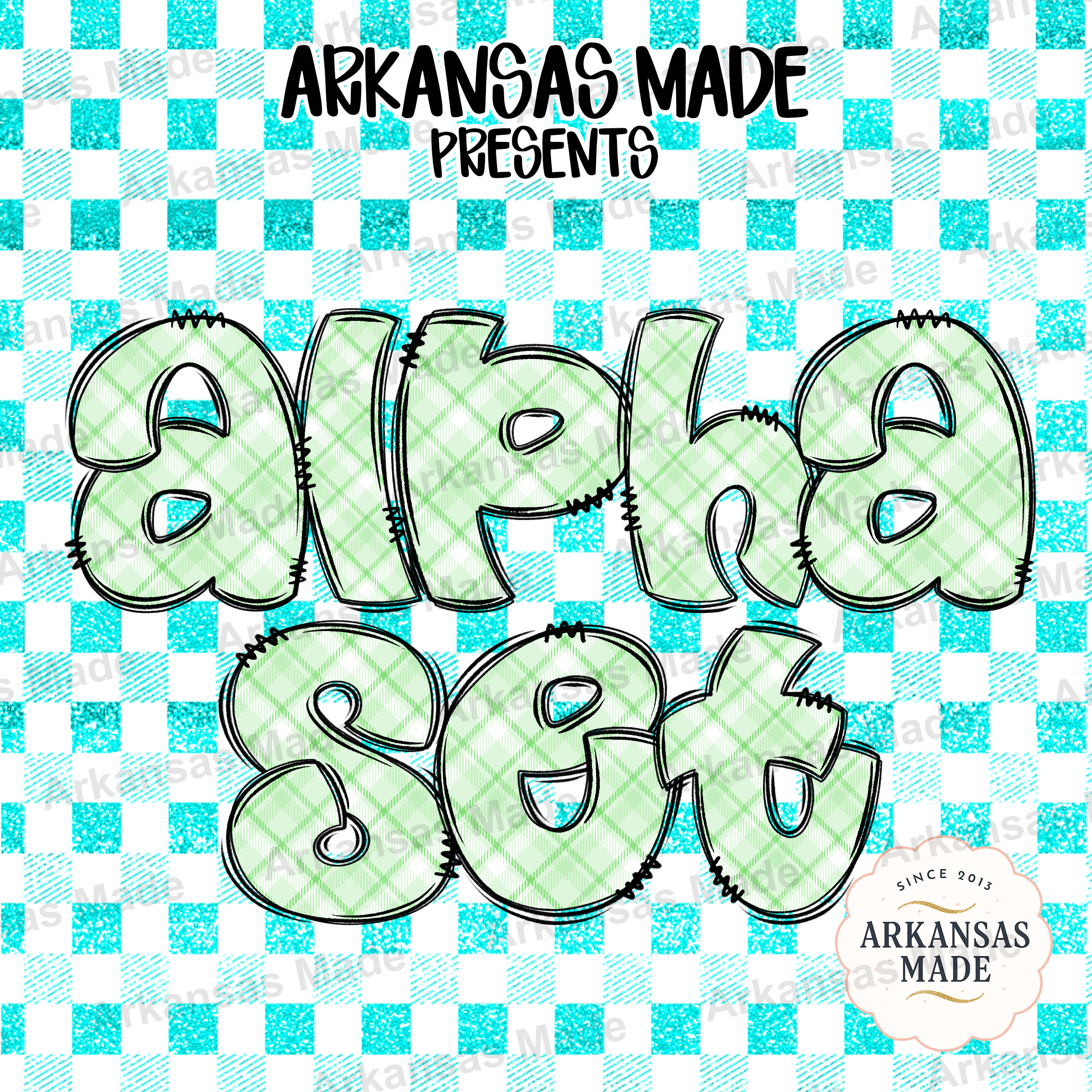 Green Plaid Alpha PNG Set, Cute Bubble Letters Digital Download, Hand Drawn Alphabet PNG for Sublimation & Crafts