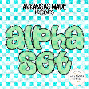 Light Green Gingham Alpha PNG Set - Distressed Bubble Letters, Stitched Outline Font, Digital Alphabet for Sublimation & Crafts