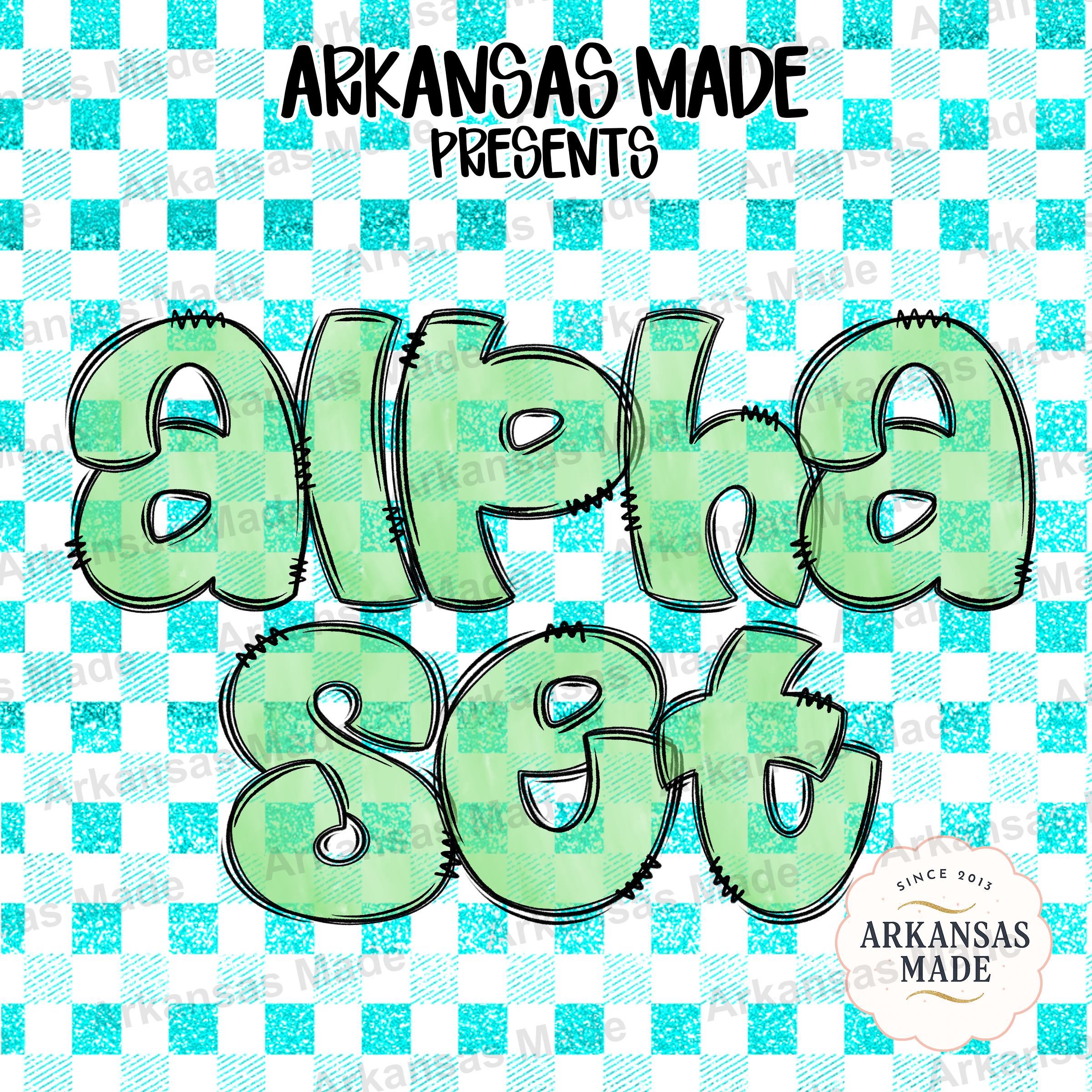 Light Green Gingham Alpha PNG Set - Distressed Bubble Letters, Stitched Outline Font, Digital Alphabet for Sublimation & Crafts
